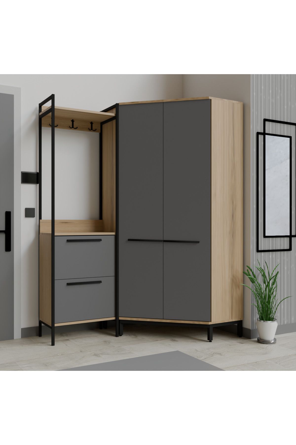 Abre Modern Köşe Portmanto Askılıklı Modern Vestiyer Takımı