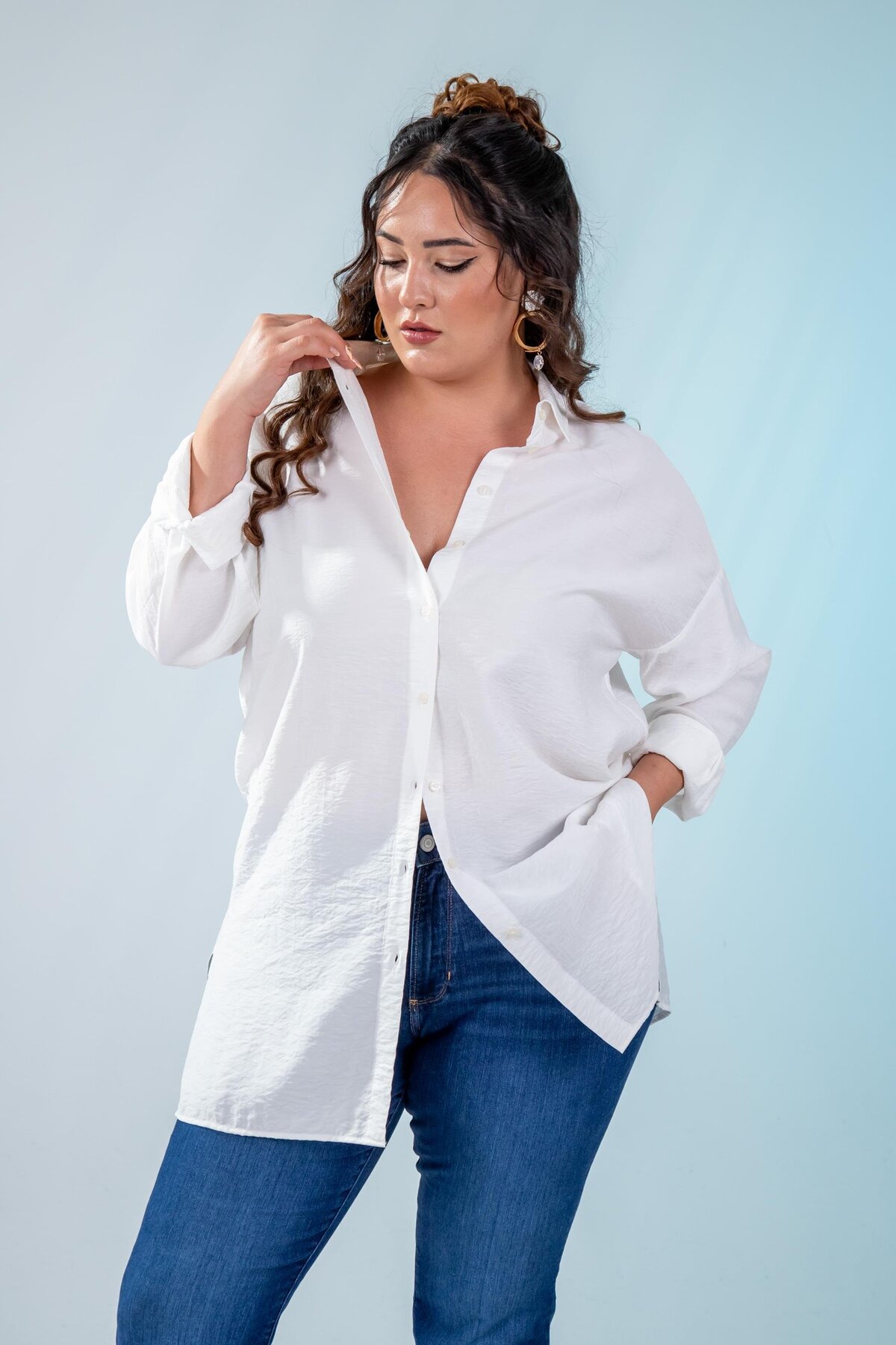 Roxxlen  2100084 210084 Kadın Büyük Beden Yanı Yırtmaçlı Gömlek Beyaz - Görsel 7