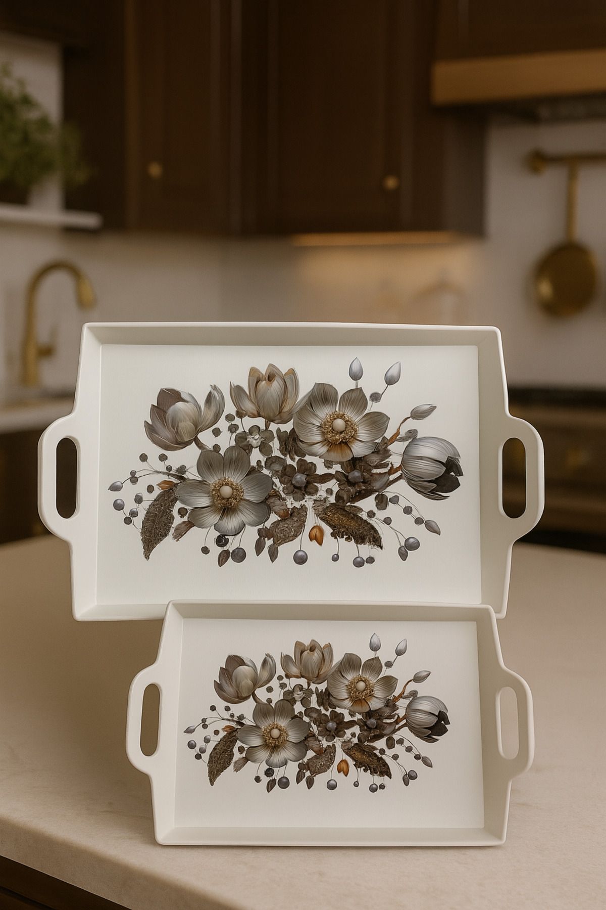 Makri 40x30 ve 33x26 cm Dekoratif ve Şık Çiçek Desenli 2’li Dikdörtgen Sunum Tepsisi Seti