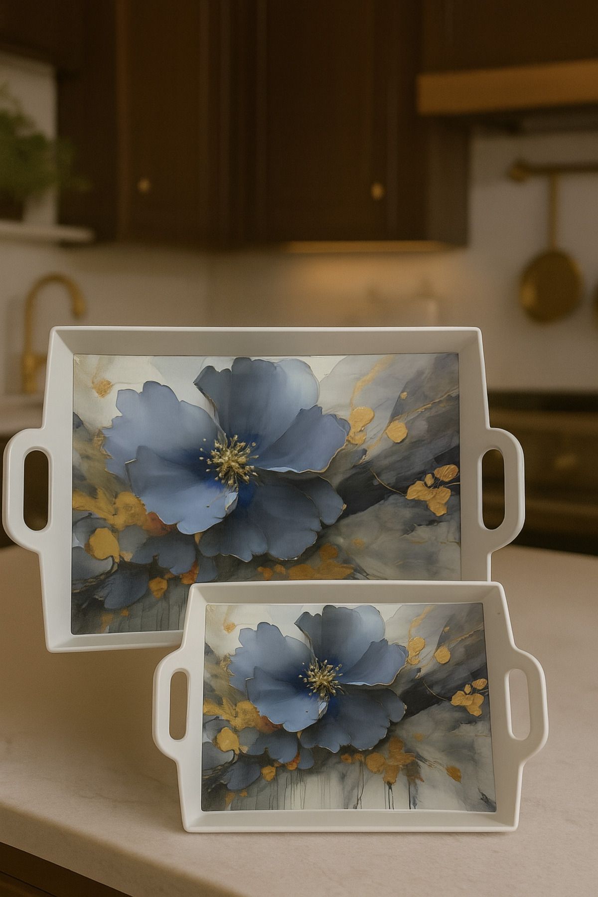 Makri 40x30 ve 33x26 cm Dekoratif ve Şık Çiçek Desenli 2’li Dikdörtgen Sunum Tepsisi Seti