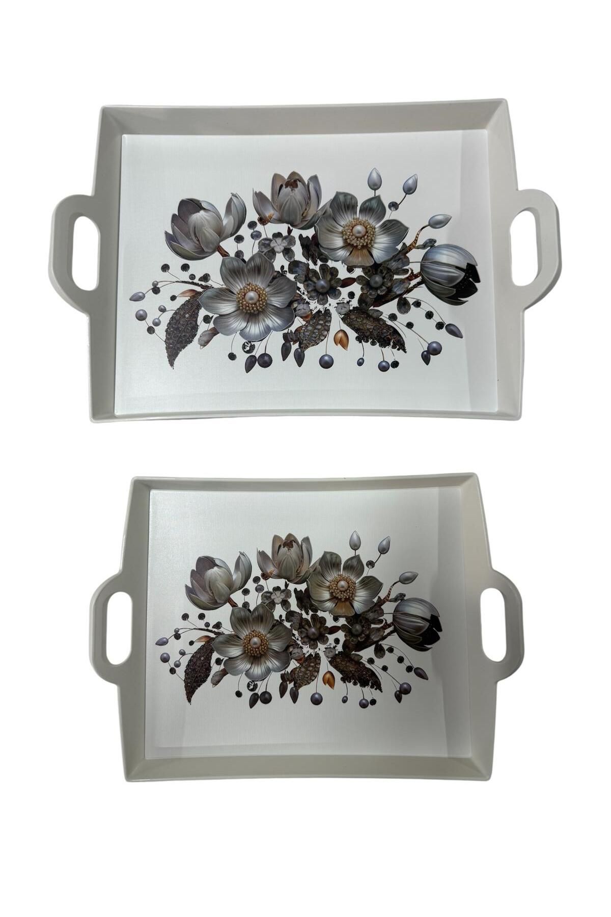 Makri-40X30 and 33X26 cm Decorative and Stylish Flower Patterned Set of 2 Rectangular Presentation Tray 2