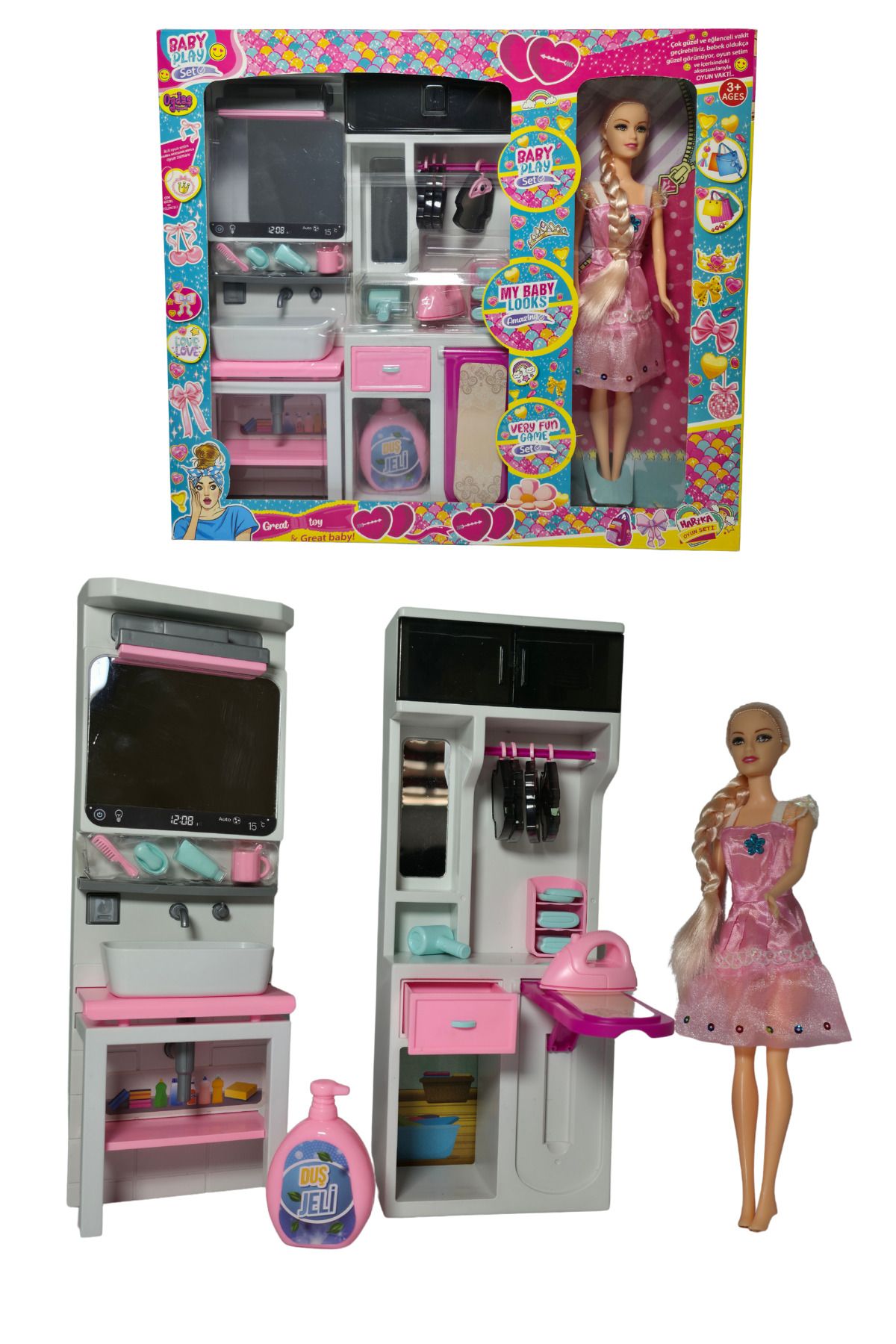 RAF Store Cindy Doll Lavabolu Ütü Masalı Dolaplı Oyuncak Model Bebek Seti
