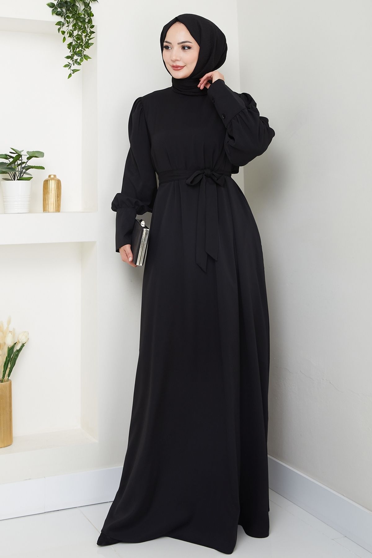 InStyle Balon Kol Düz Model Siyah Elbise