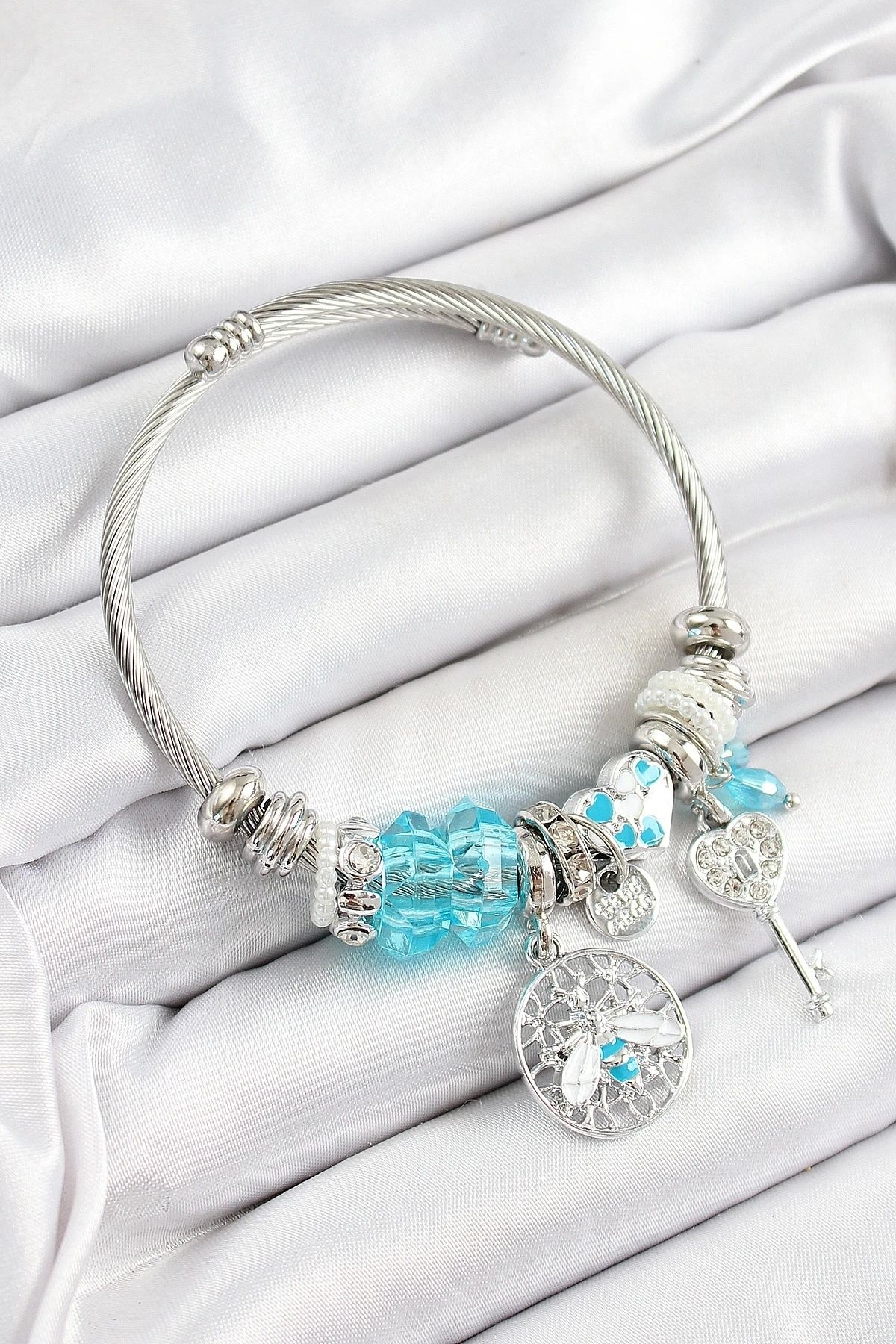 shopwave 316L Çelik Mavi Zirkon Taşlı Baykuş Arı Ve Anahtar Model Gümüş Renk Charm Bileklik