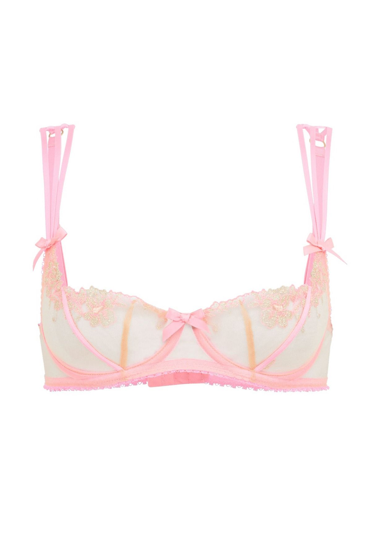 Agent Provocateur Tessy Pembe Balconette Destekli Sütyen - Altın İşlemeli Şeffaf Tül, Ayarlanabilir Askılı