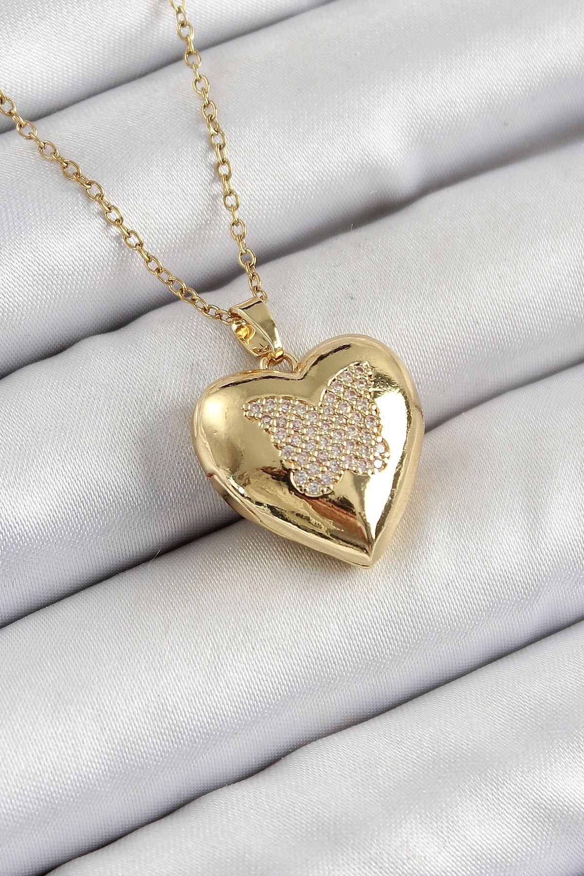 shopwave 316L Çelik Zincir Açılabilir Kelebek Figürlü Kalp Model Zirkon Taşlı Gold Renk Kadın Kolye