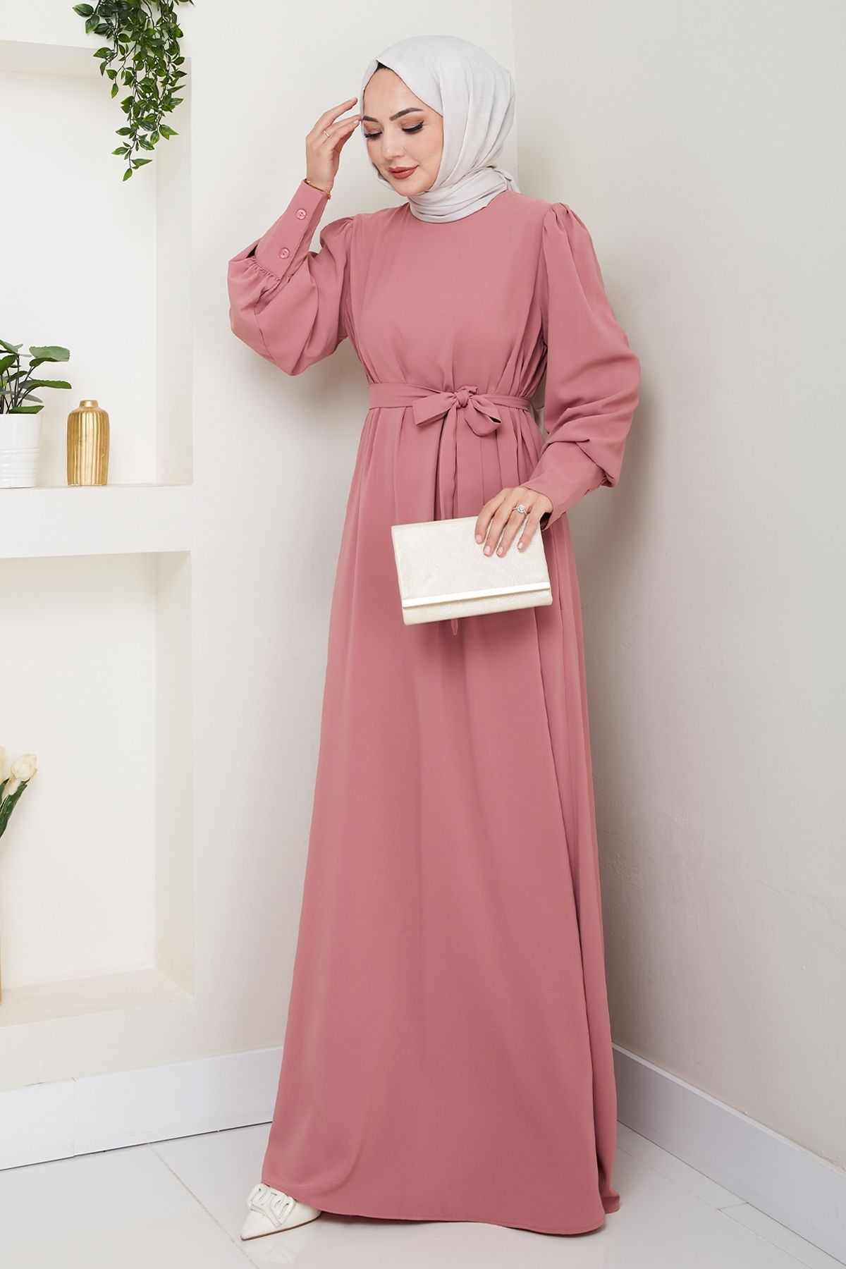 InStyle Balon Kol Düz Model Gül Kurusu Elbise