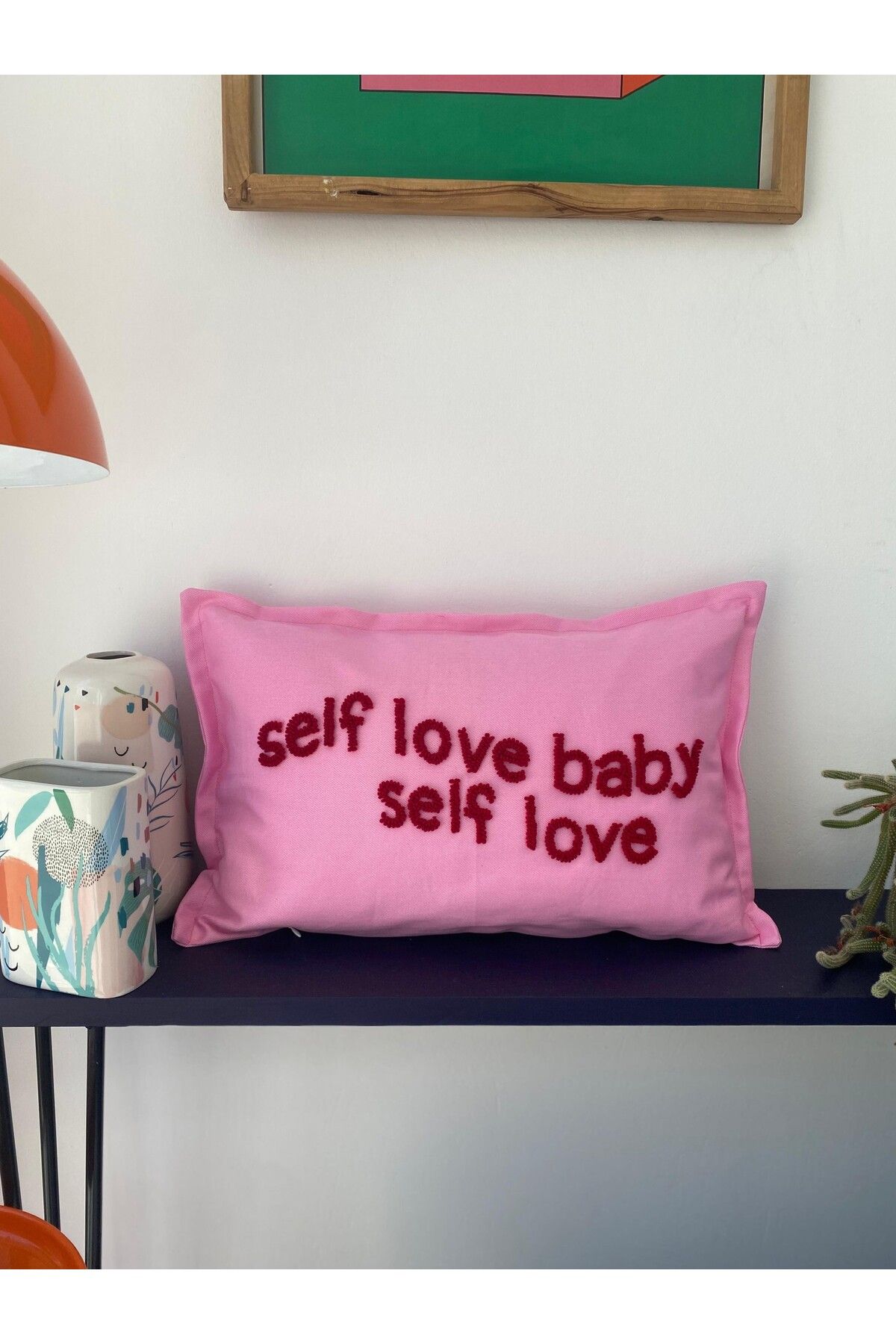 RahanDesign Self Love Baby Self Love Yazılı Punch İşlemeli Pembe Kırlent Kılıfı - 30x50cm - Punch Kırlent Kılıfı