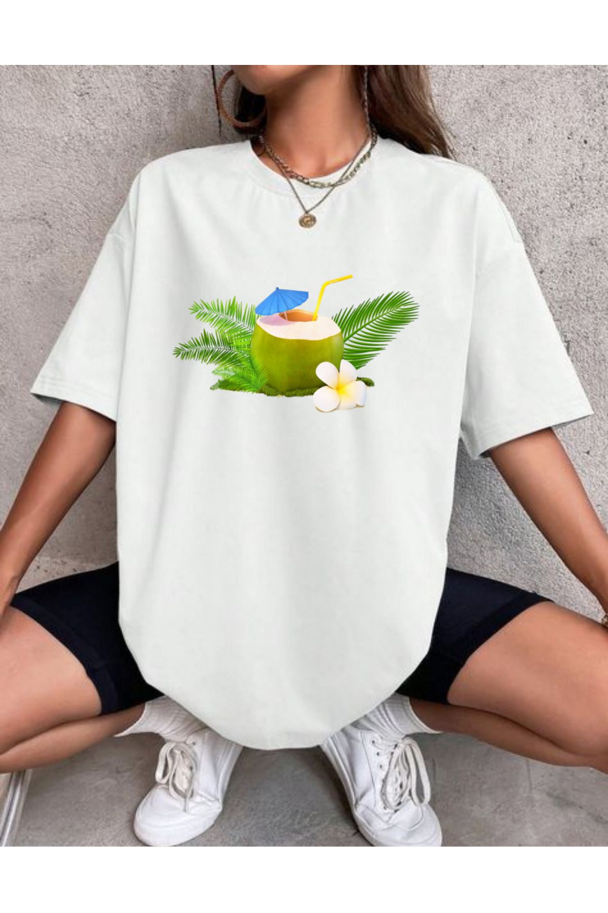 lewibafashion YAZ KONSEPTİ COCONUT BASKILI OVERSİZE KADIN T-SHİRT