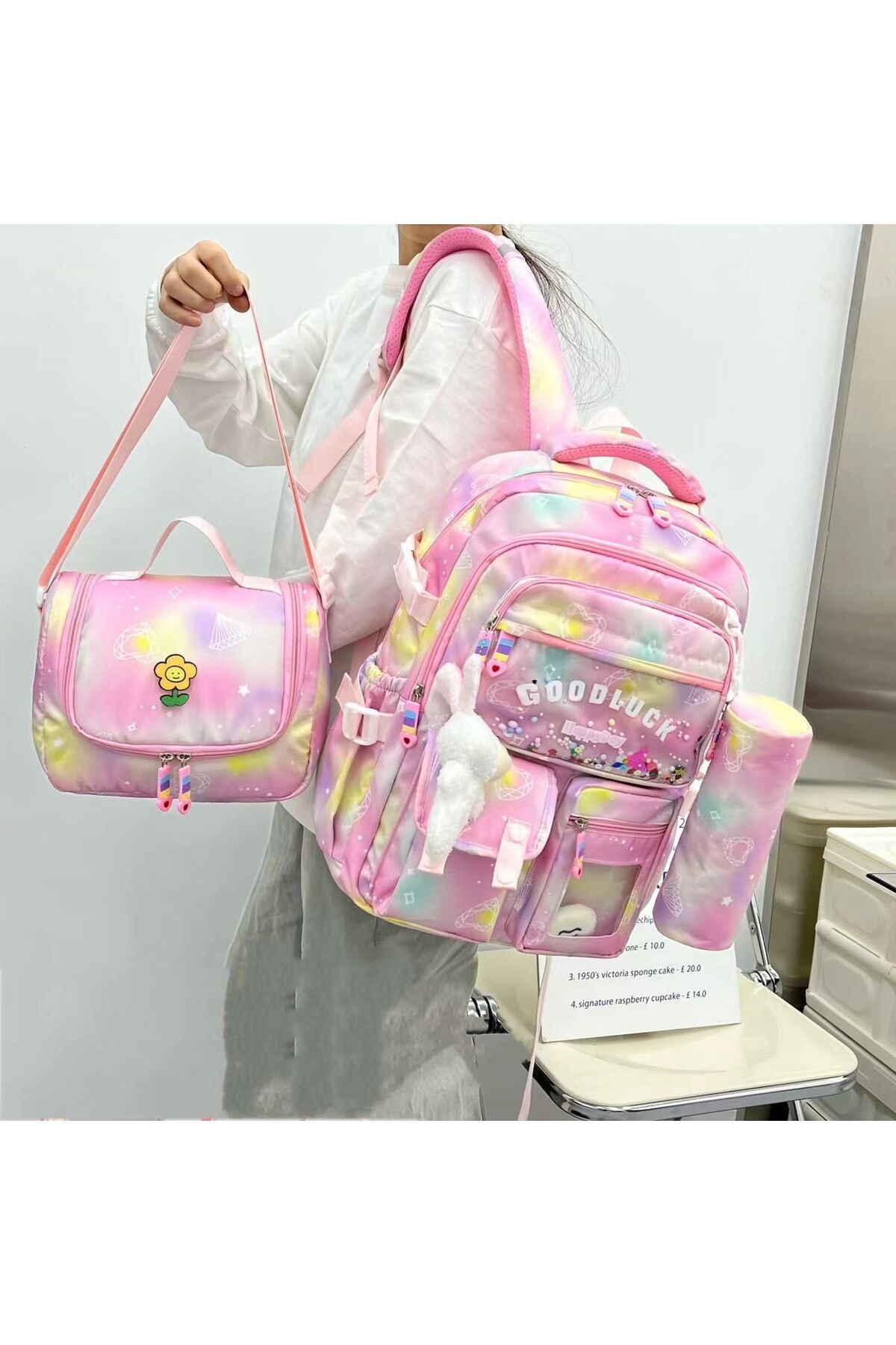 Adalinhome Kore Model Kawaii Good Luck Işıltılı Desenli 4’lü Okul Çanta Seti