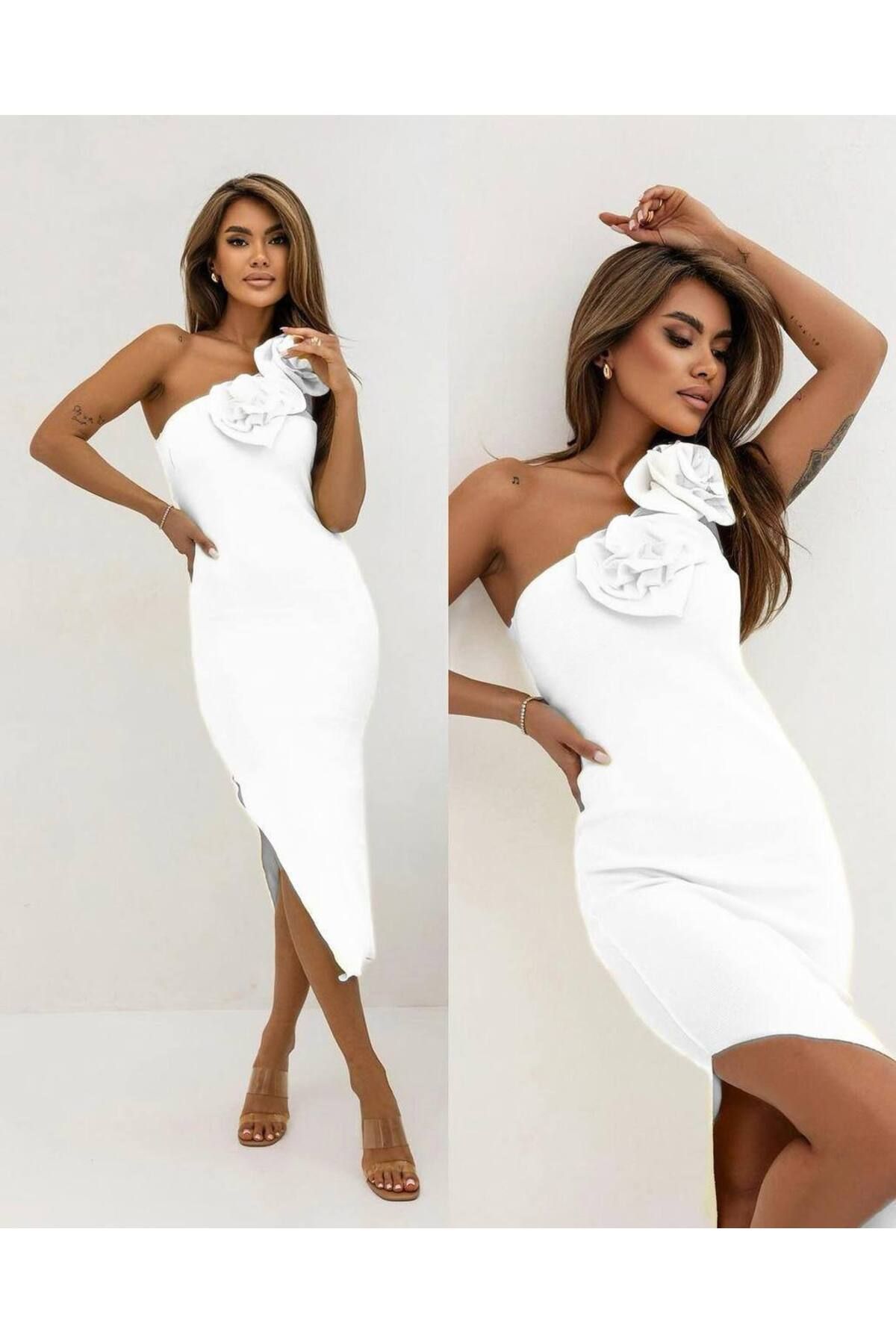 hipnoz butik kadın gül detaylı kaşkorse kumaş midi boy elbise