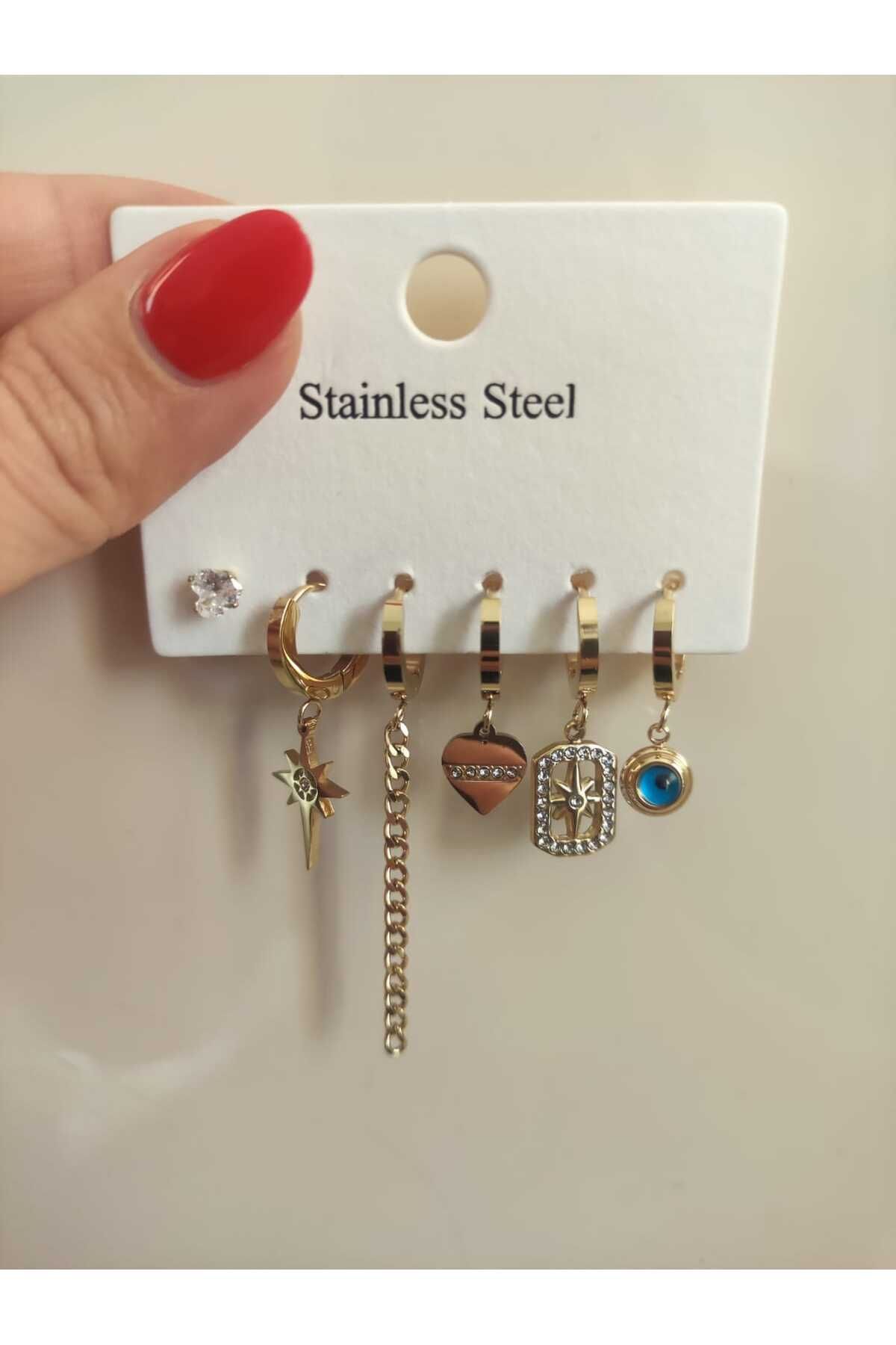 MoS JEWELLERY Paslanmaz Çelik Gold Renk Nazar Boncuğu, Kalp, Yıldız, Zincir Detaylı Zirkon Taşlı 6'lı Küpe Seti
