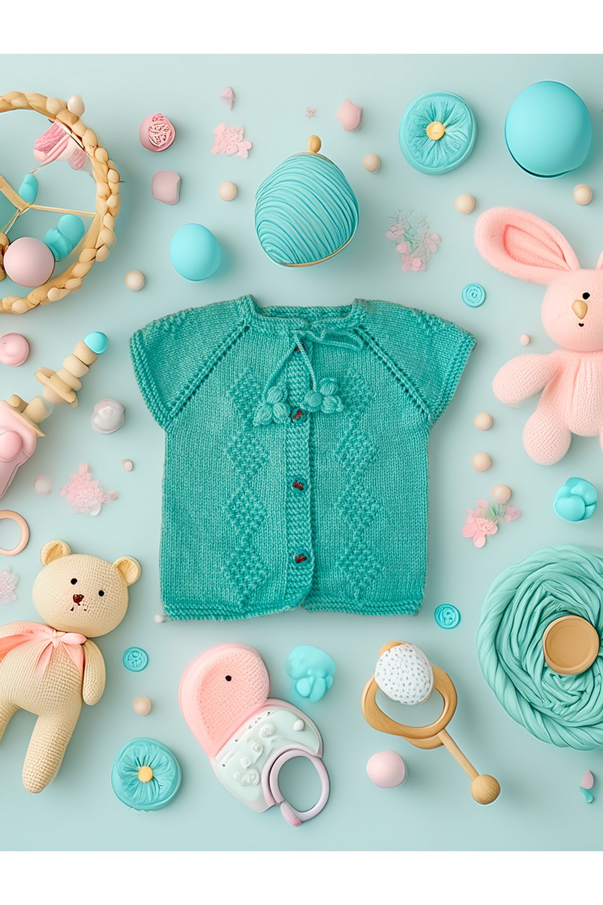 Butik Yenidoğan Bebek El Örgü Pamuk Yelek Düğmeli 0-12 Ay