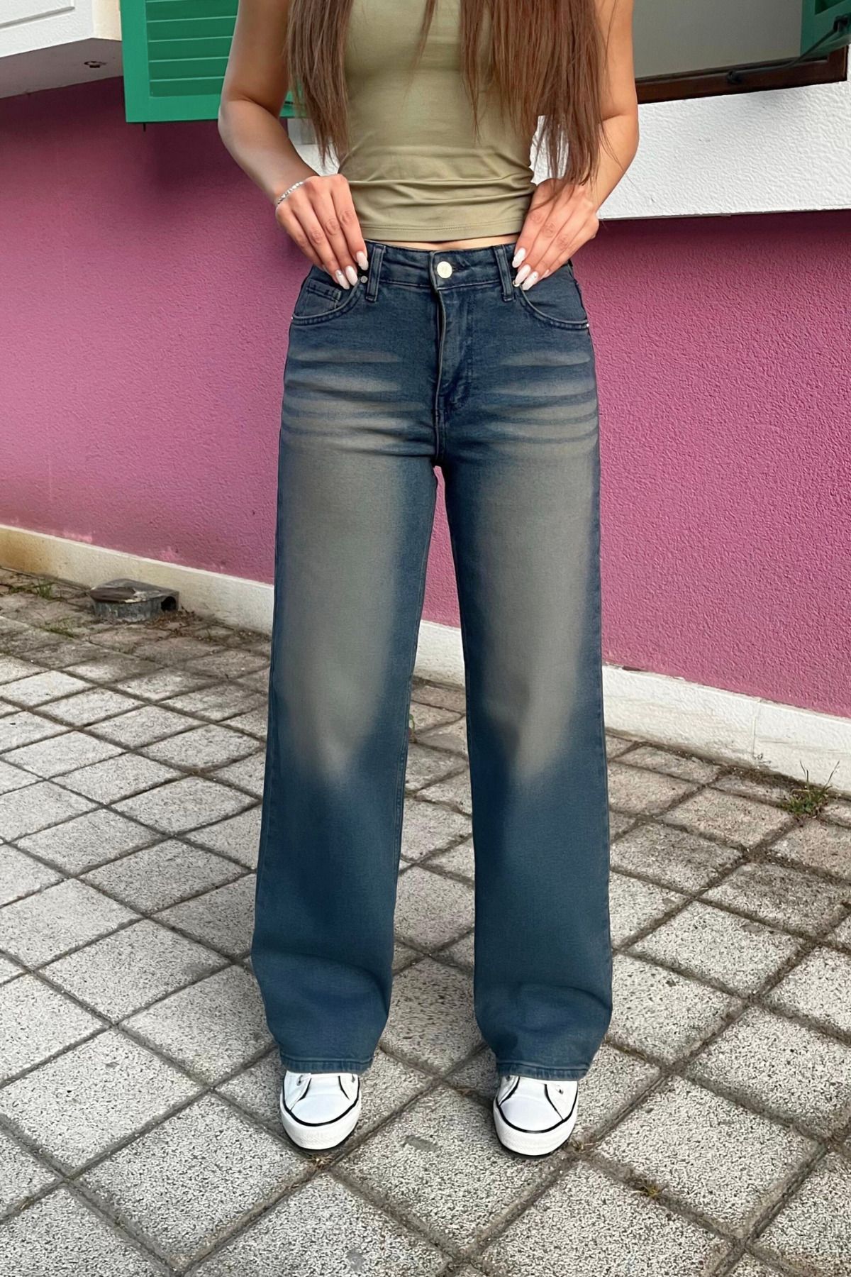 BİKELİFE Kadın Yüksek Bel Likralı Retro Efekt Geniş Paça Jean