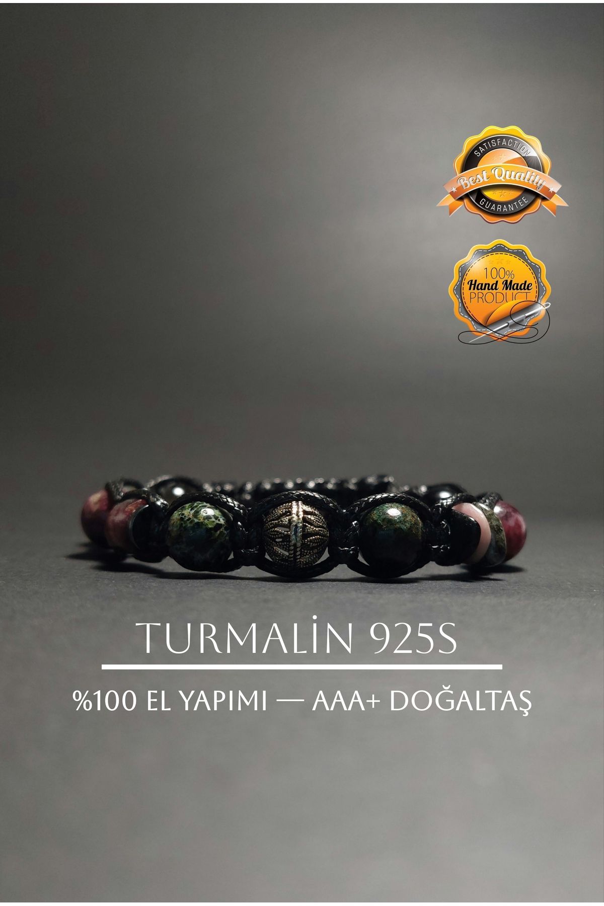 EASTERN PRINCE Doğal Taş El Yapımı Yeşil Turmalin ve 925 Ayar Gümüş ile Makrome Bileklik Handmade