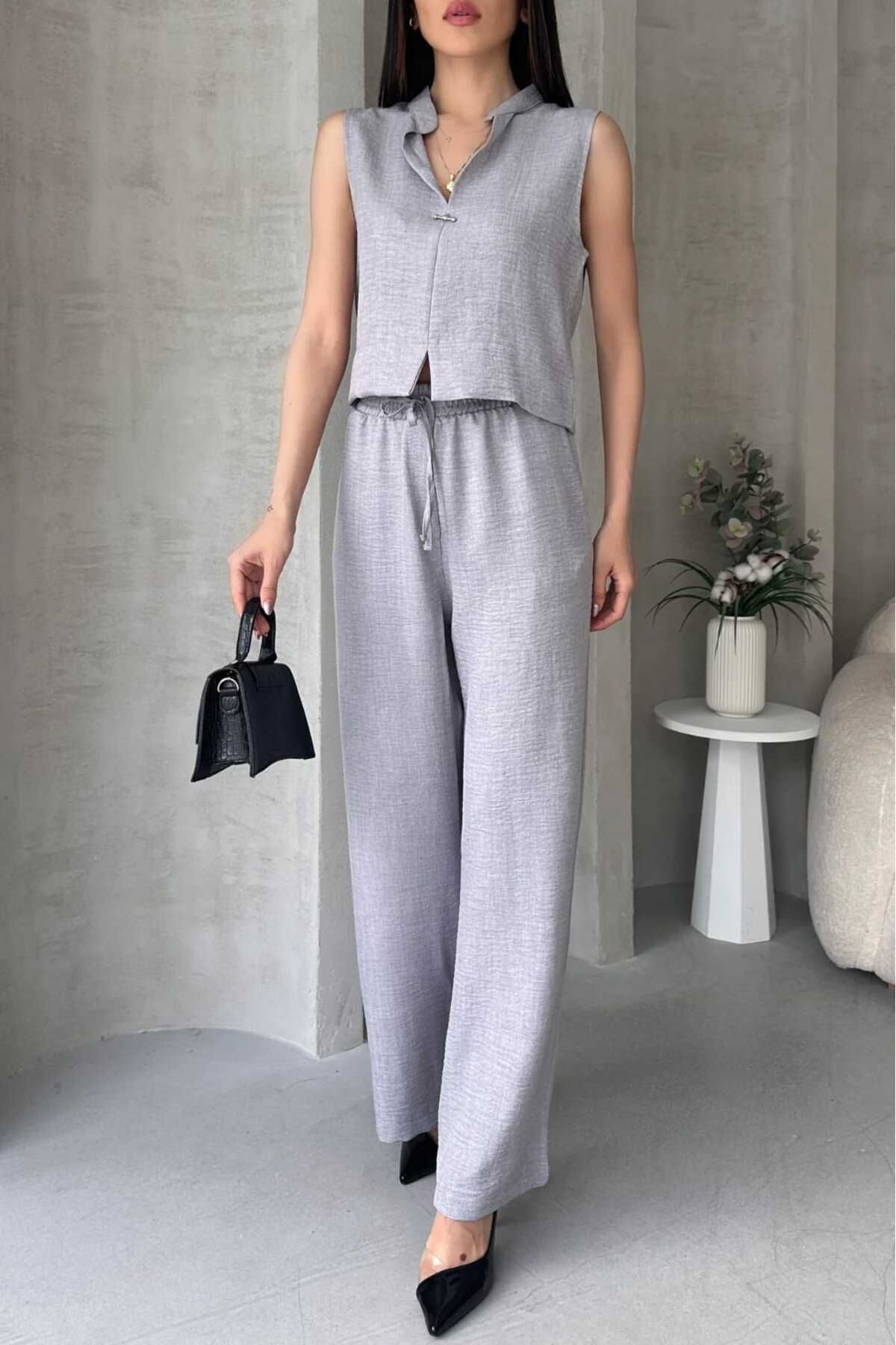 bcstylshfashion Gri Keten Hakim Yaka Bluz Ve Pantolon Alt Üst Takım