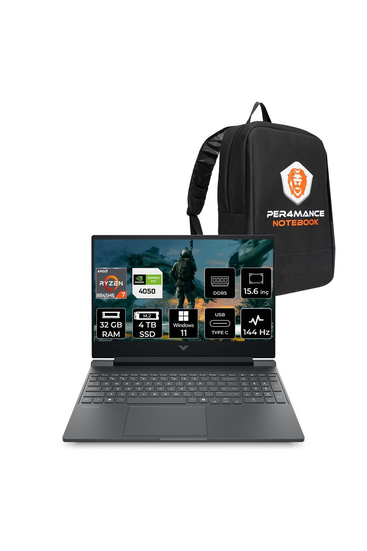 HP Victus 15 R7 8845HS 32GB DDR5 4TB SSD RTX4050/6GB 15.6'' 144Hz W11H Gaming Laptop & PER4 ÇANTA
