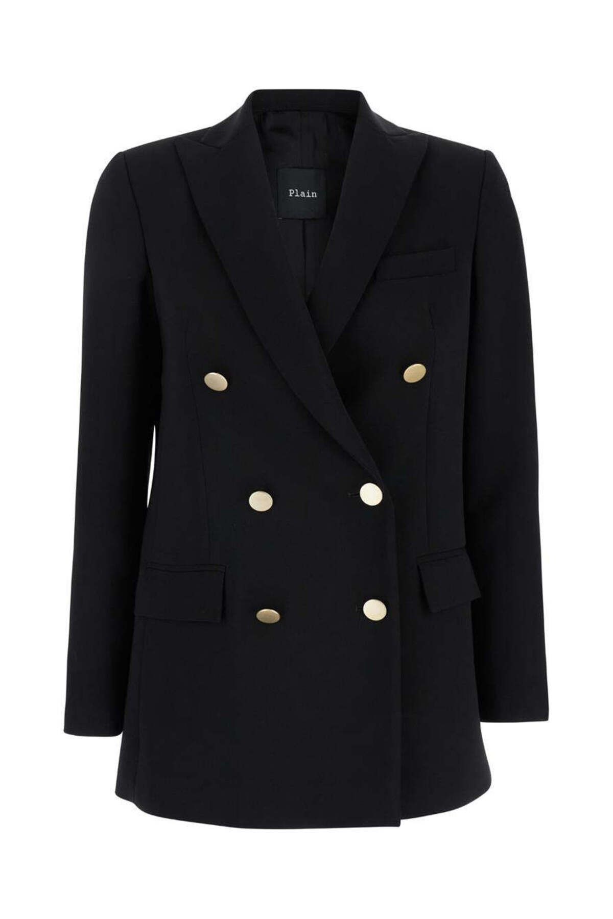 PLAIN-Black Double-Breasted Jacket With Golden Buttons In Cady Woman 1
