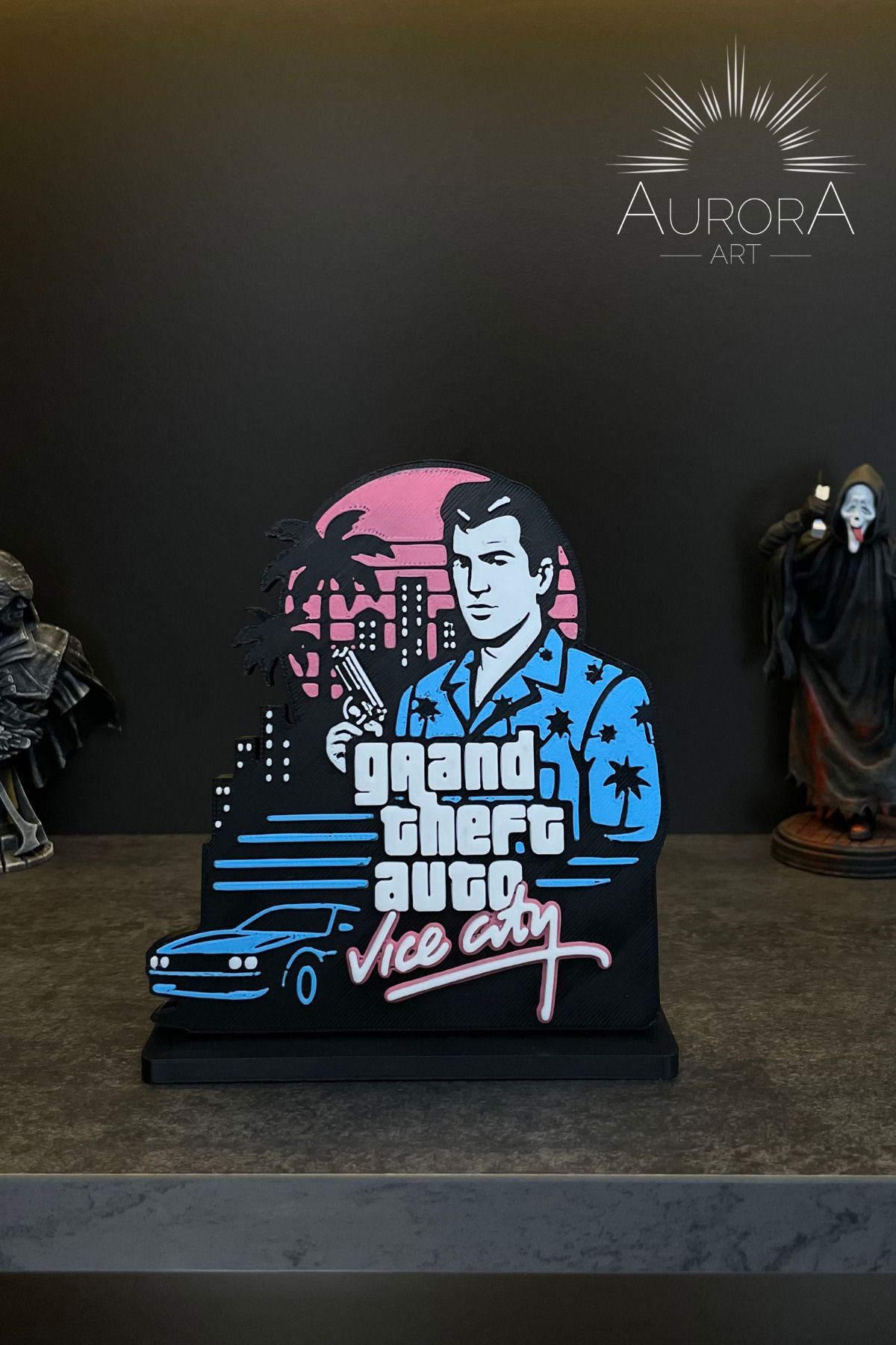 Aurora Art GTA Vice City 3D Dekor – Retro Neon Stil Figür | Aurora Art Özel Tasarım (13cm)