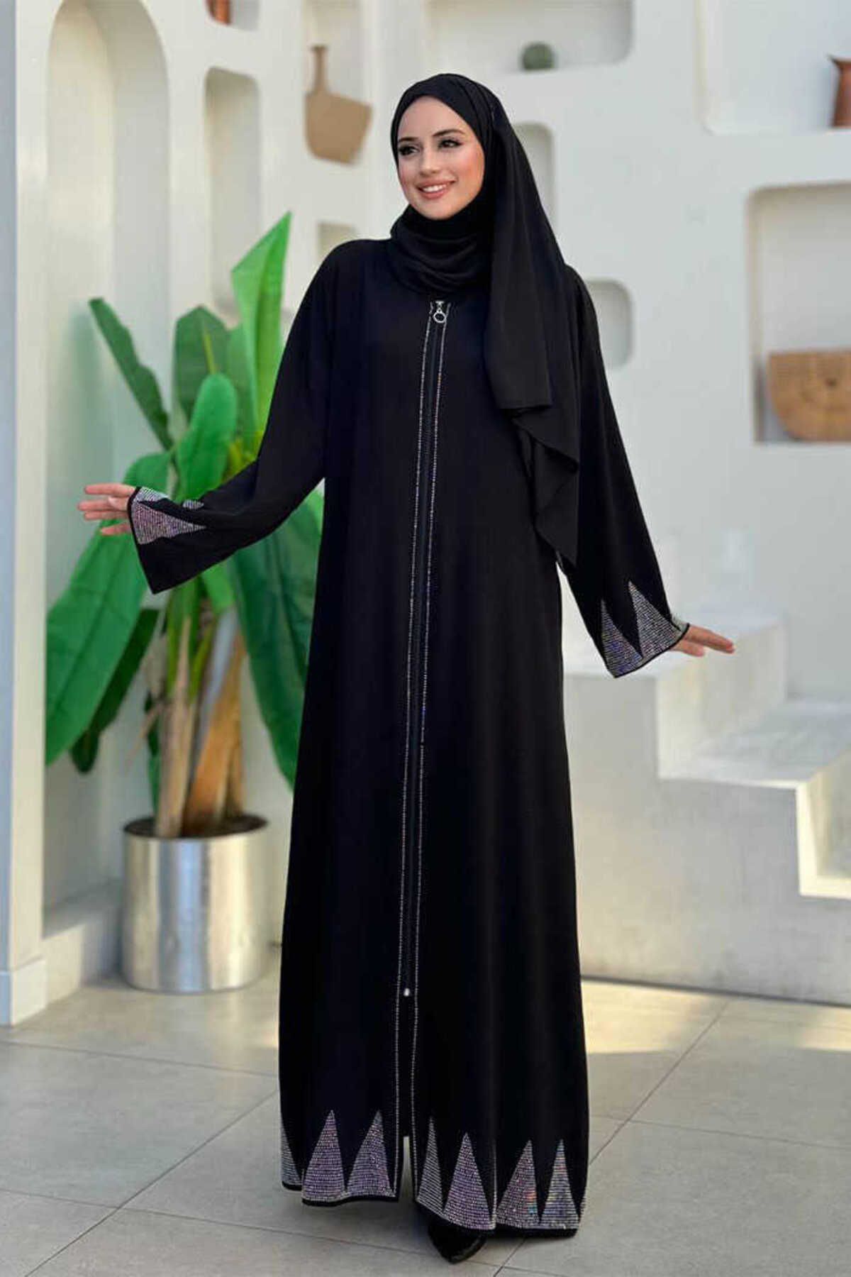 Bym Fashion Taş Detaylı Fermuarlı Ferace 3918 Siyah-Gümüş