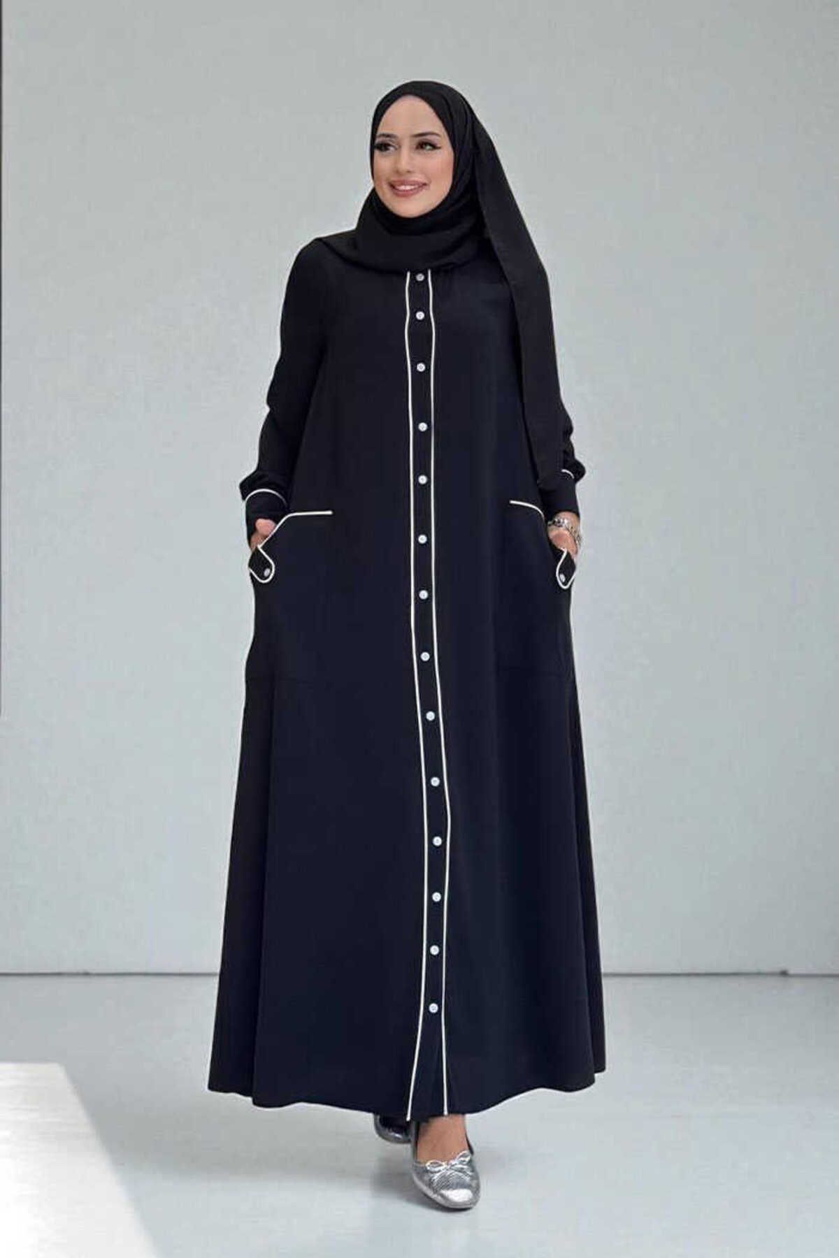 Bym Fashion Boydan Düğmeli Ferace Elbise 3975 Siyah