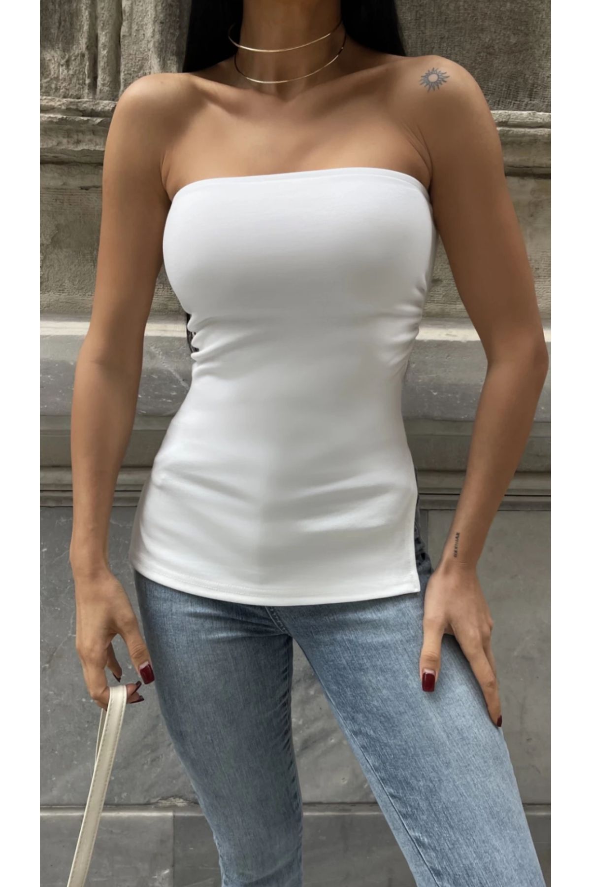 Mint Yanları Yırtmaçlı Göğüs Pedli Straplez Bluz