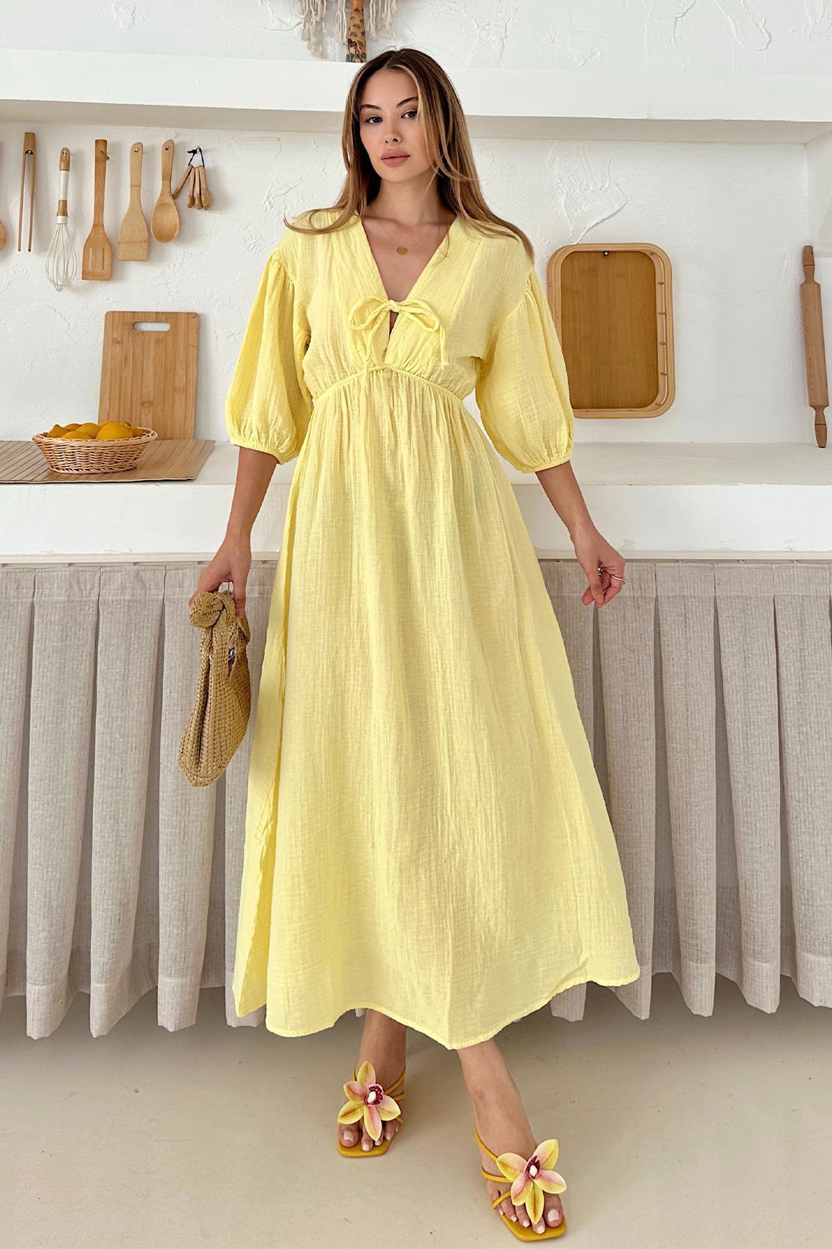 Olcay Sukienka z elastycznej talii z koronką i półrękawkami z muślinu ŻÓŁTA 9...