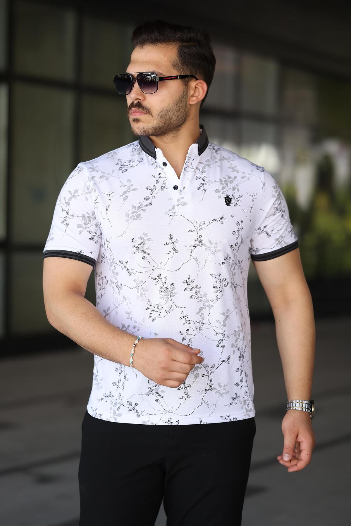Miron Erkek Siyah Mavi Yaprak Desenli Slim Fit Polo Yaka Tişört - 2529