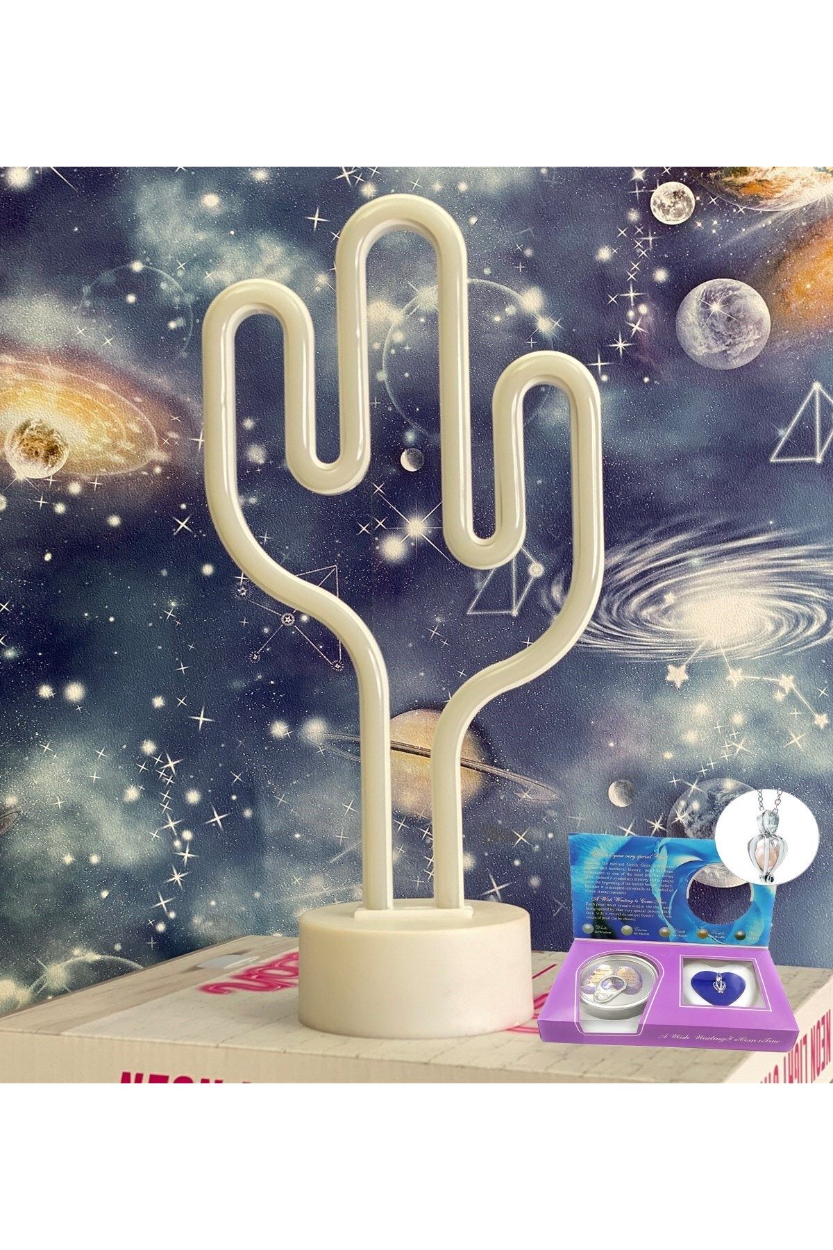 gifttime Kaktüs Neon Lamba İstiridye İçinde İnci Kolye Hediye Seti