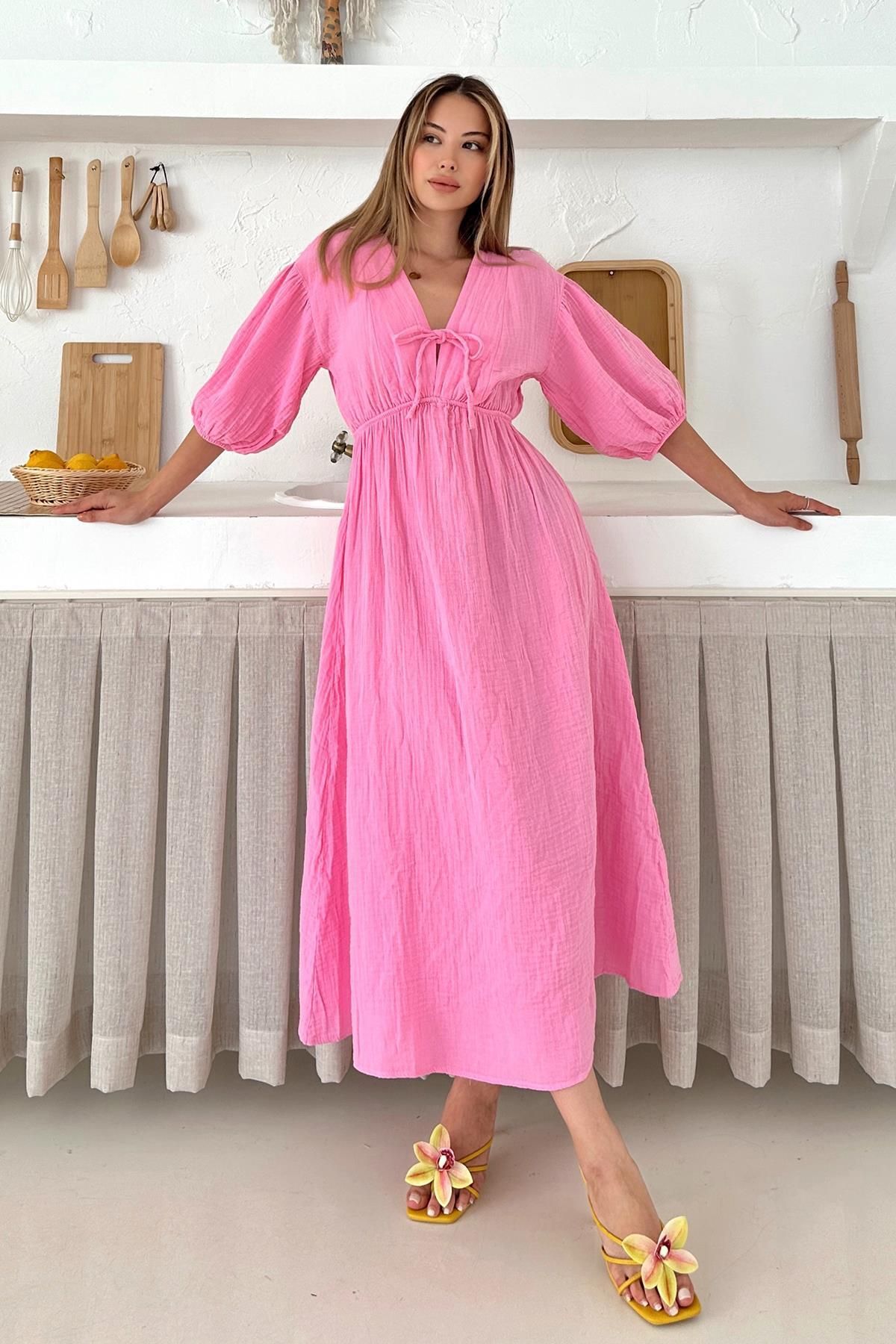 Olcay-Rochie de muselina cu jumatate de maneca cu talie elastica si detaliu de siret ROSA 9331-E 3