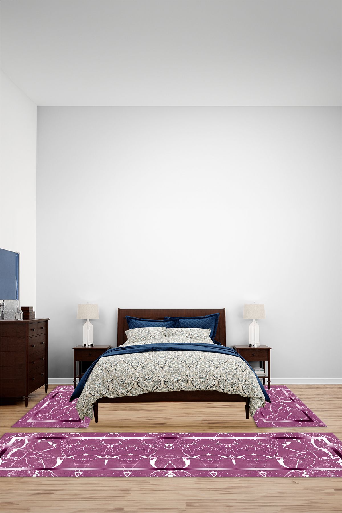 Viyana Home Dijital Kaymaz Mermer Çerçeveli Modern Yıkanabilir Üçlü Yatak Odası Halısı, YO-MERMER-117-PEMBE,