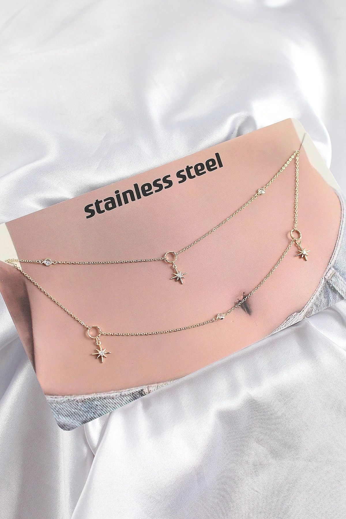 shopwave 316L Çelik Zirkon Taşlı Kutup Yıldızı Model Gold Renk Göbek Bel Zinciri