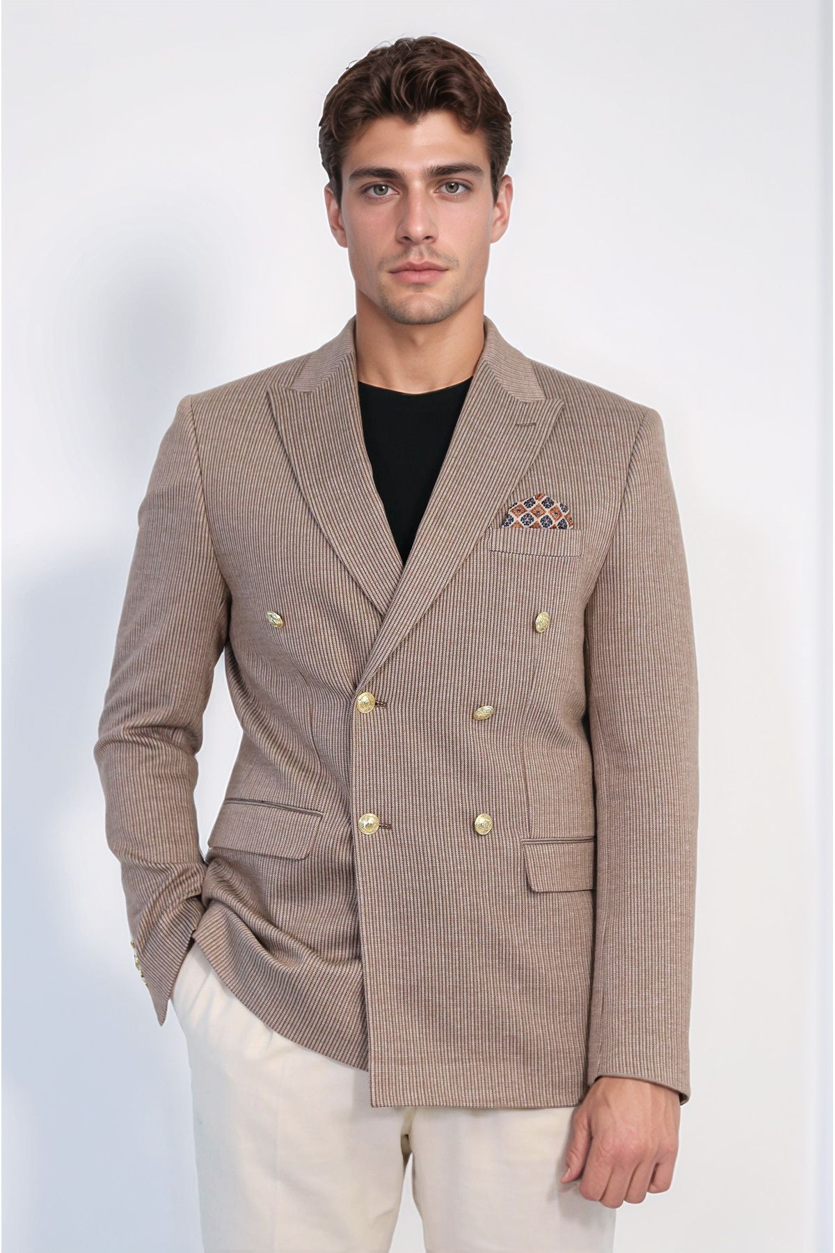 Wessi Kum Beji Çizgili Altın Rengi Metal Düğmeli Slim Fit Kruvaze Blazer – Wessi
