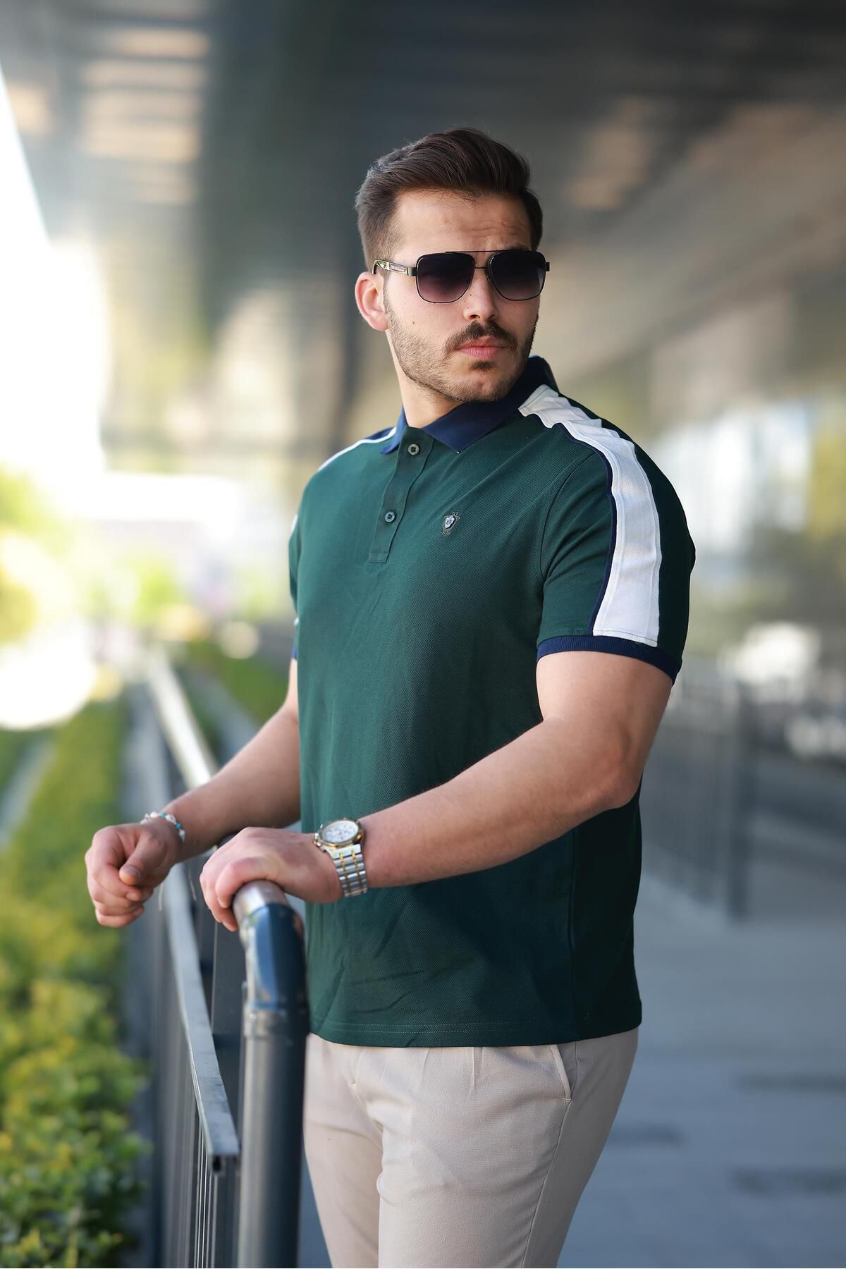 Miron Erkek Polo Yaka Nefti Yeşil Şerit Detaylı Regular Fit Tişört - 2530