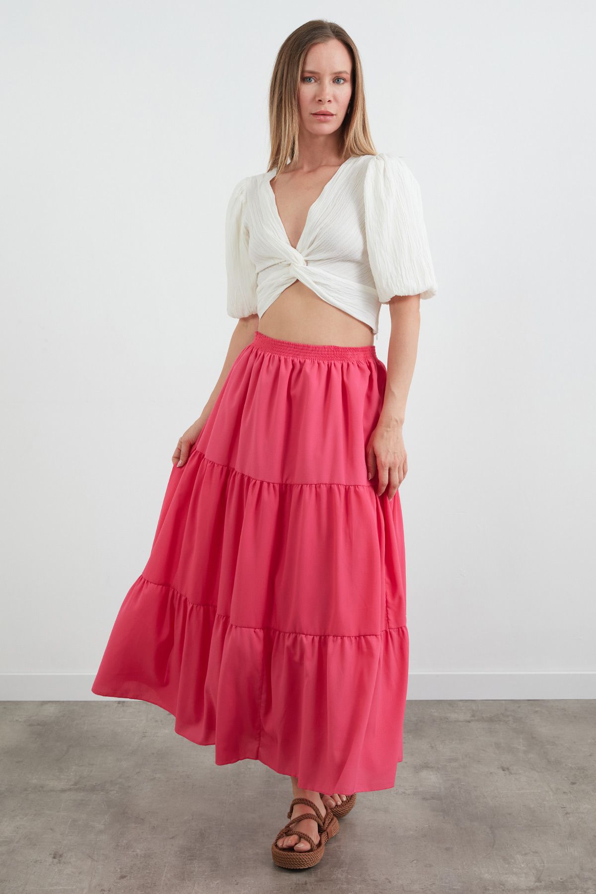Fulla Moda Beli Lastikli Krep Kumaş Etek