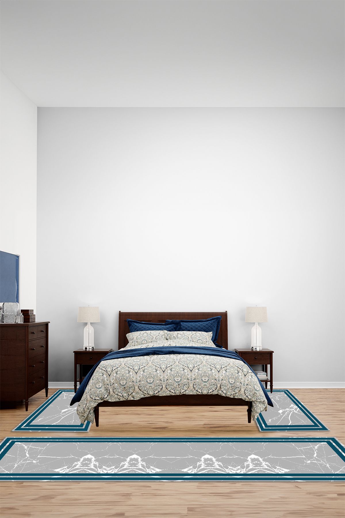 Viyana Home Dijital Kaymaz Mermer Çerçeve Model Yıkanabilir Üçlü Yatak Odası Halısı, YO-MERMER-128-MAVİ,
