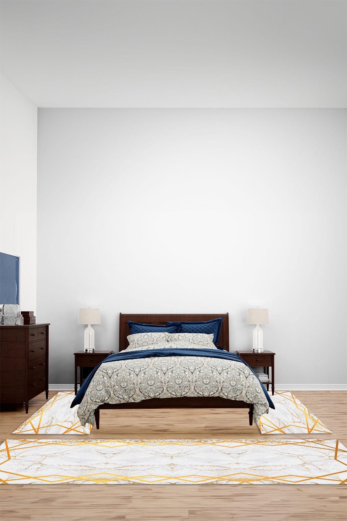 Viyana Home Dijital Kaymaz Mermer Çizgi Kenarlı Model Yıkanabilir Üçlü Yatak Odası Halısı, YO-MERMER-82-GOLD,