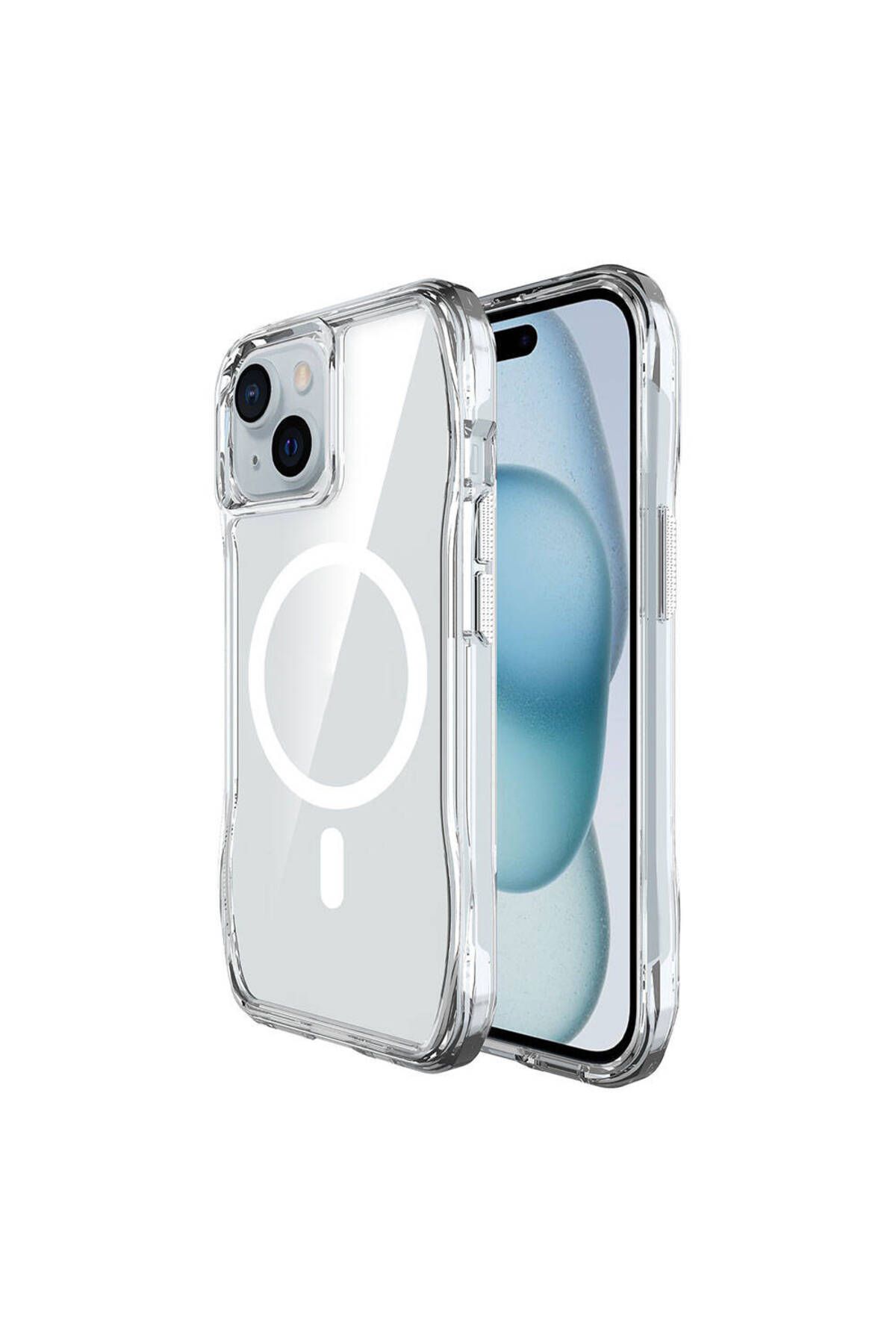Megafox Teknoloji Apple iPhone 15 Uyumlu Kılıf M-safe Şarj Özellikli Airbagli Şeffaf Zore İncek Kapak