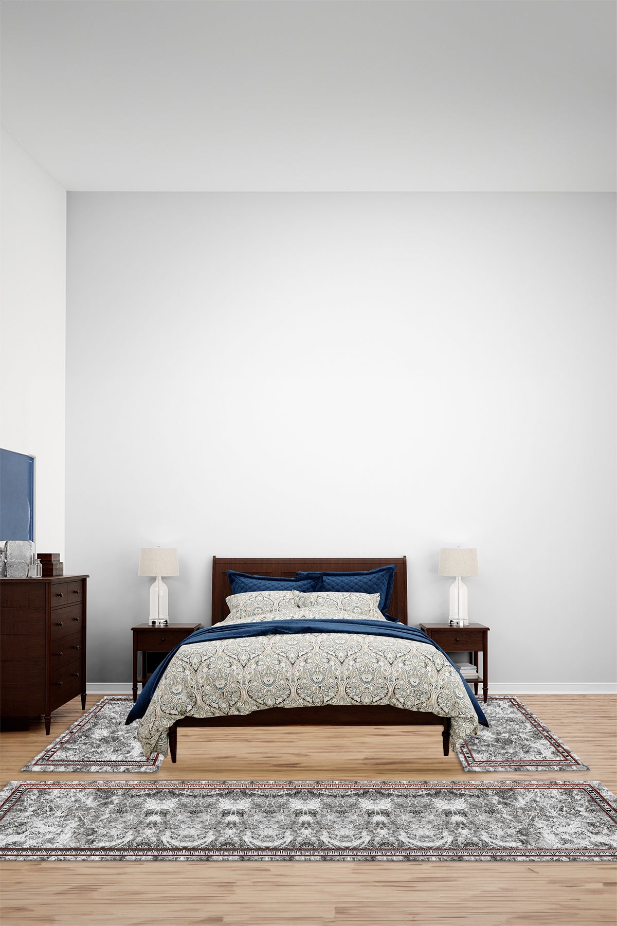 Viyana Home Dijital Kaymaz Klasik Desenli Mermer Model Yıkanabilir Üçlü Yatak Odası Halısı, YO-MERMER-112-BORDO,
