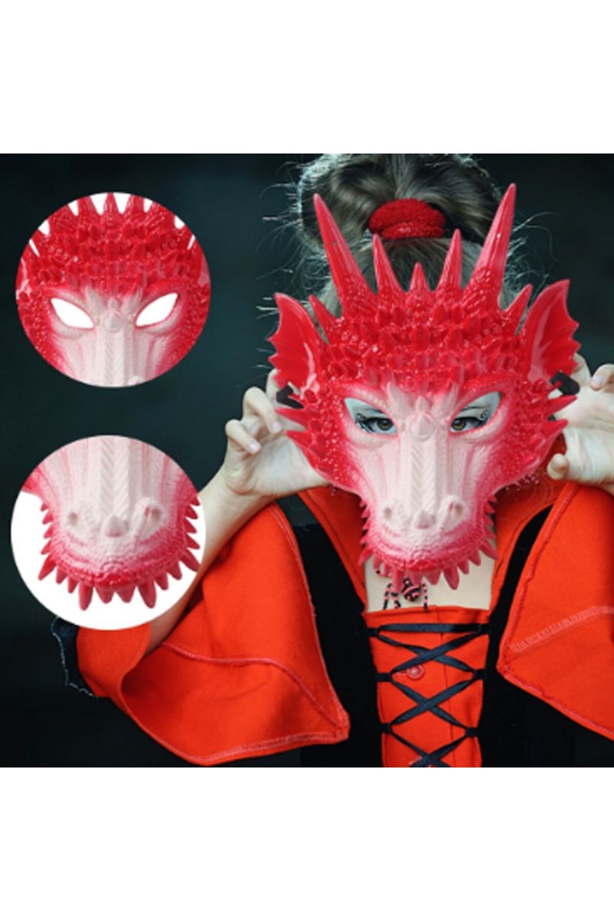 partidolu Halloween Sert Plastik Arkadan Lastikli Kırmızı Renk 3D Dragon Ejderha Maskesi