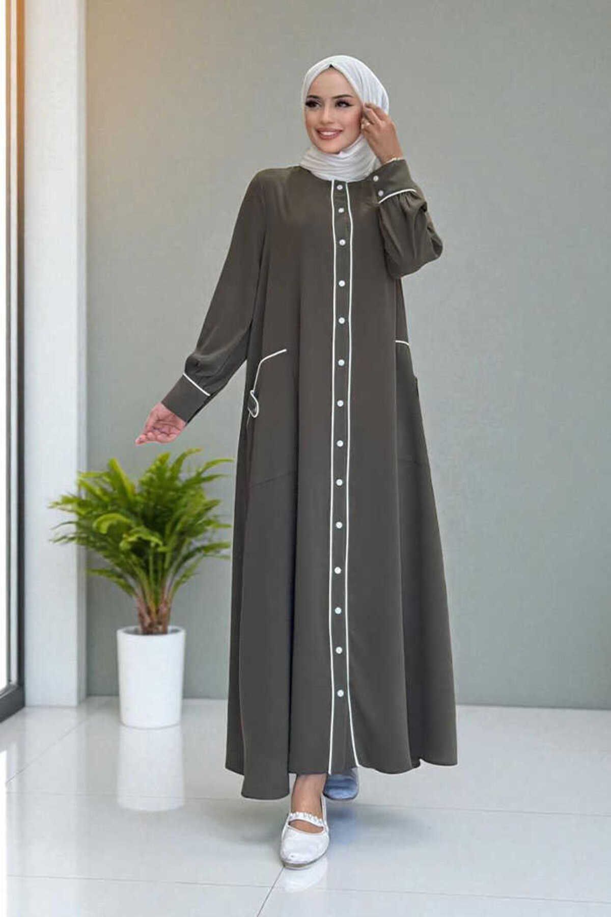 Bym Fashion Boydan Düğmeli Ferace Elbise 3975 Haki