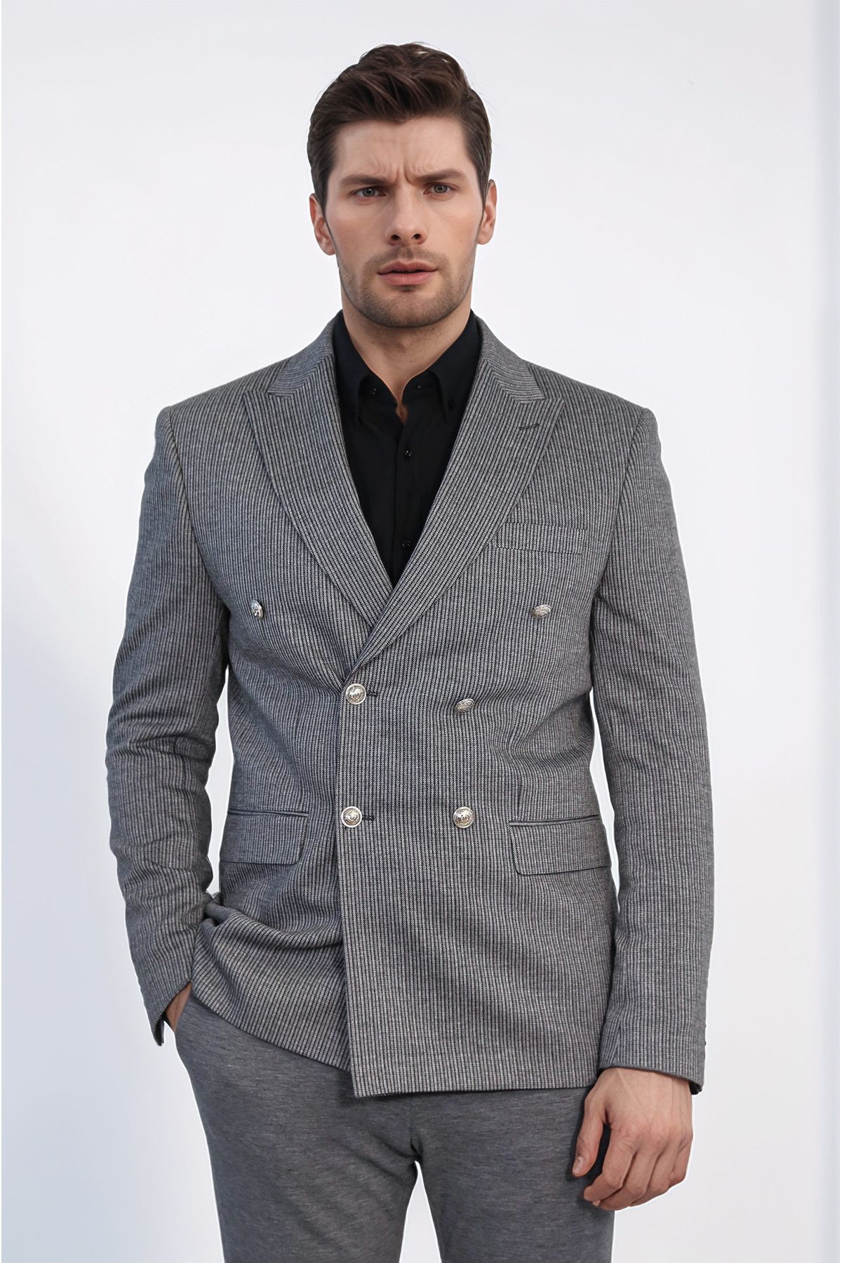 Wessi Antrasit Çizgili Gümüş Rengi Metal Düğmeli Slim Fit Kruvaze Blazer – Wessi