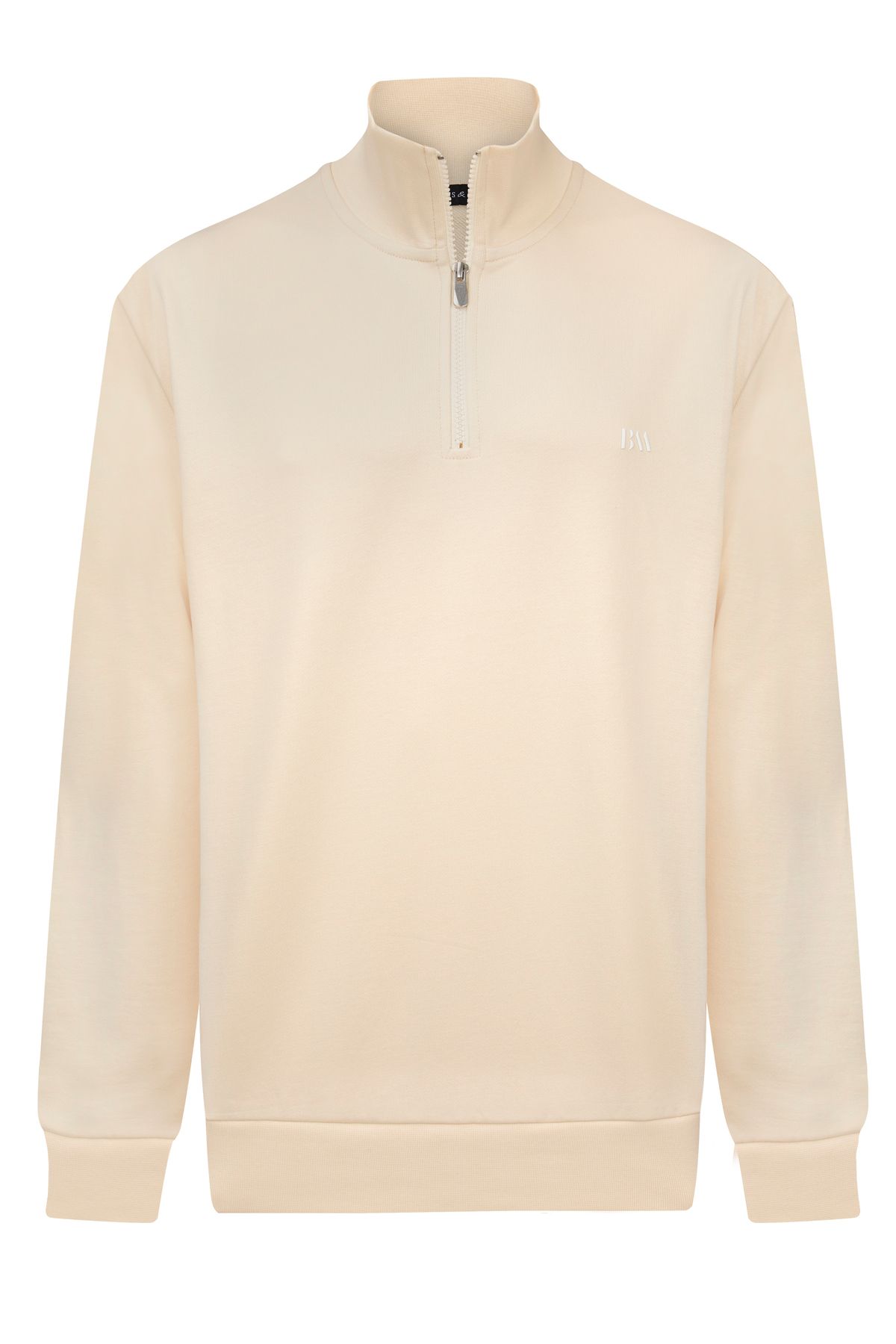 Basics&More Erkek Relax Fit Rahat Kesim Pamuklu Yarım Fermuarlı Ekru Dik Yaka Sweatshirt