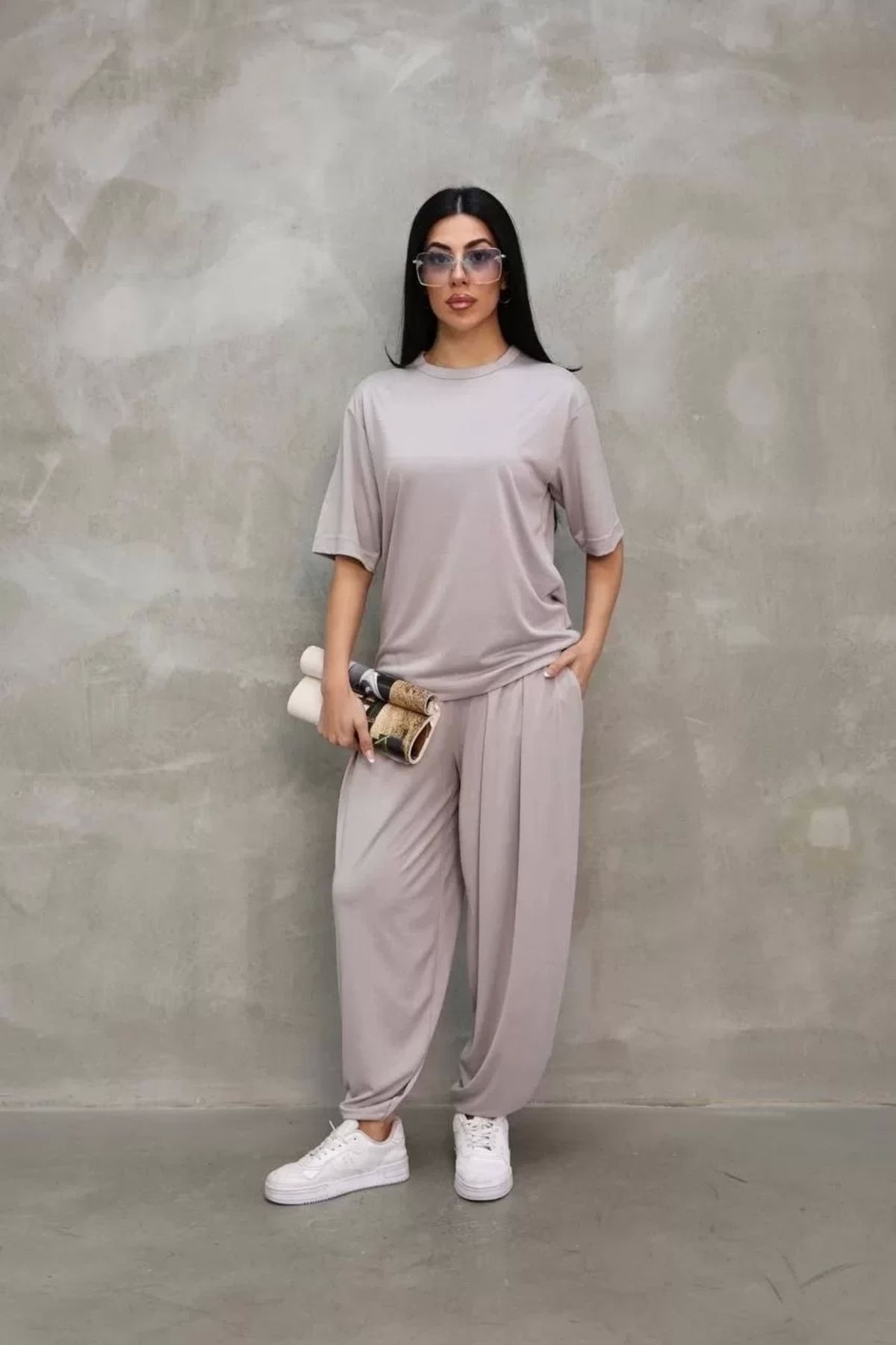 AE Stil Osy Modal Yumuşak Dokulu Kumaş Oversize Bisiklet Yaka T-shirt Jogger Eşofman Altı Eşofman Takımı - G