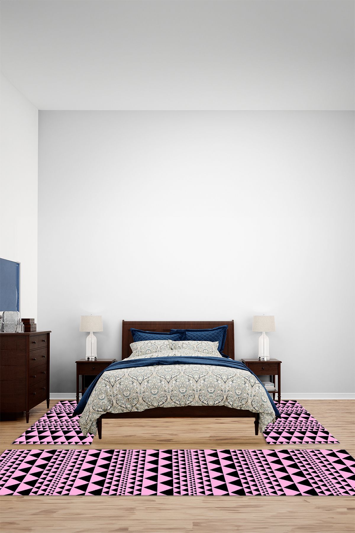 Viyana Home Modern Dijital Kaymaz Taban Üçgen Desenli Yıkanabilir Üçlü Yatak Odası Halısı, YO-MODERN-234-PEMBE,