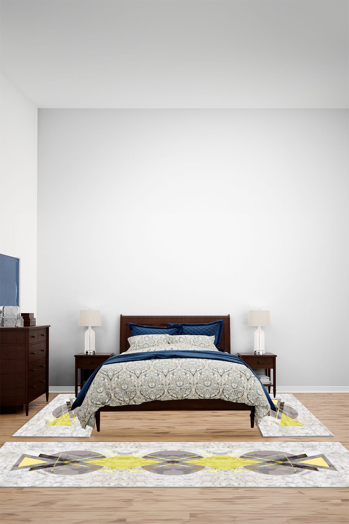 Viyana Home Modern Dijital Kaymaz Göbek Desen Detaylı Yıkanabilir Üçlü Yatak Odası Halısı, YO-MODERN-294-SARI,