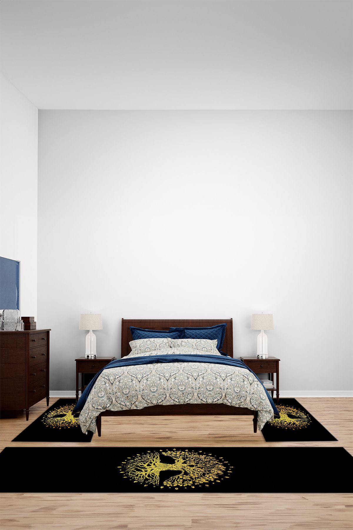 Viyana Home Modern Dijital Kaymaz Ağaç Desenli Yıkanabilir Üçlü Yatak Odası Halısı, YO-MODERN-254-GOLD-SİYAH,