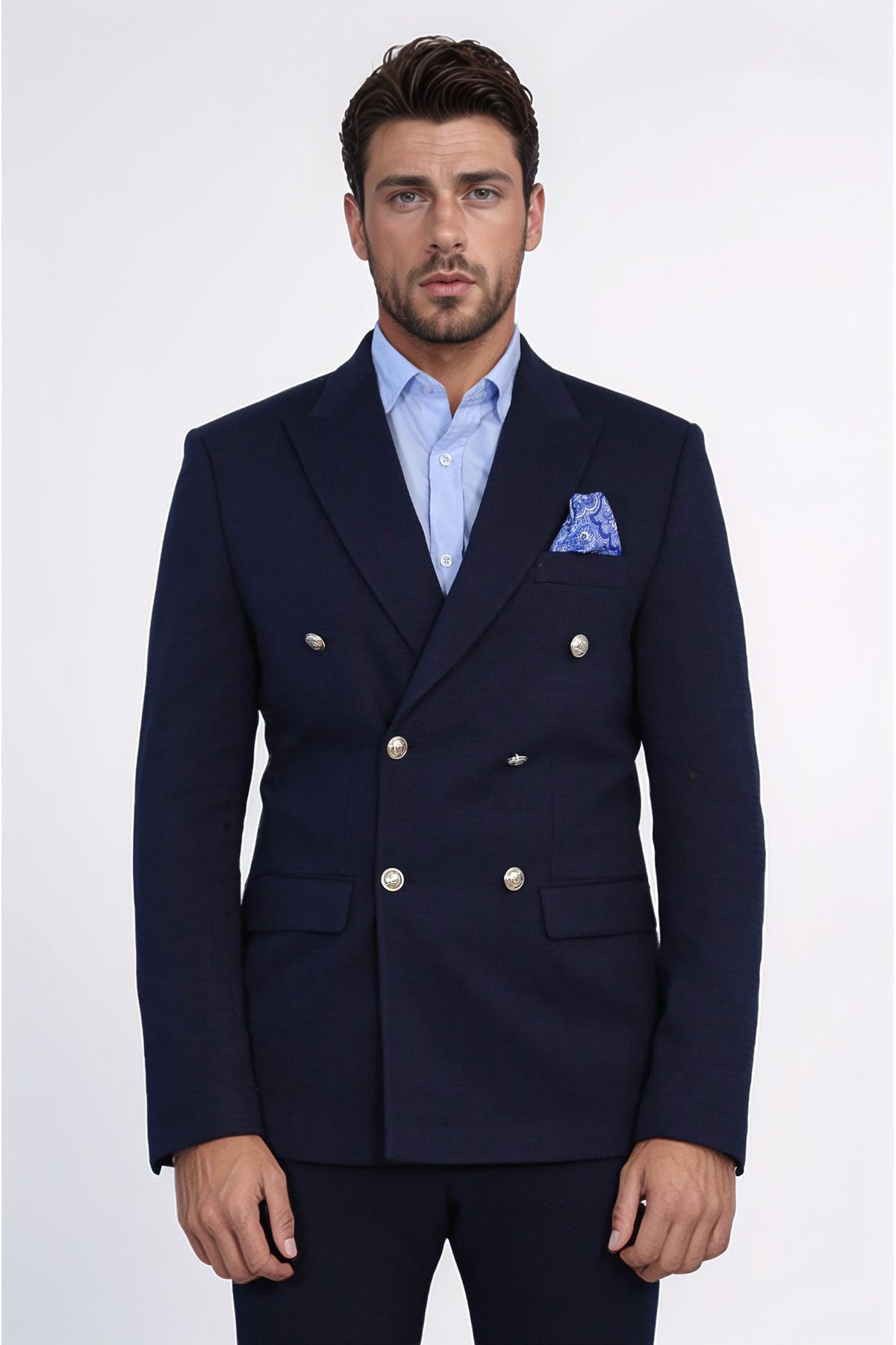 Wessi Lacivert Düz Kumaş Gümüş Rengi Metal Düğmeli Slim Fit Kruvaze Blazer – Wessi