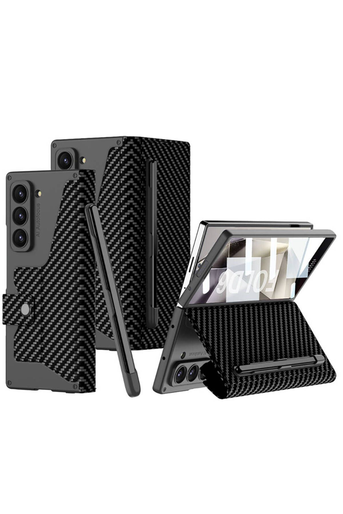 Megafox Teknoloji Samsung Galaxy Z Fold 6 Uyumlu Kılıf Kamera Korumalı Karbon Tasarımlı Zore Kıpta Kalem Bölmeli Fest