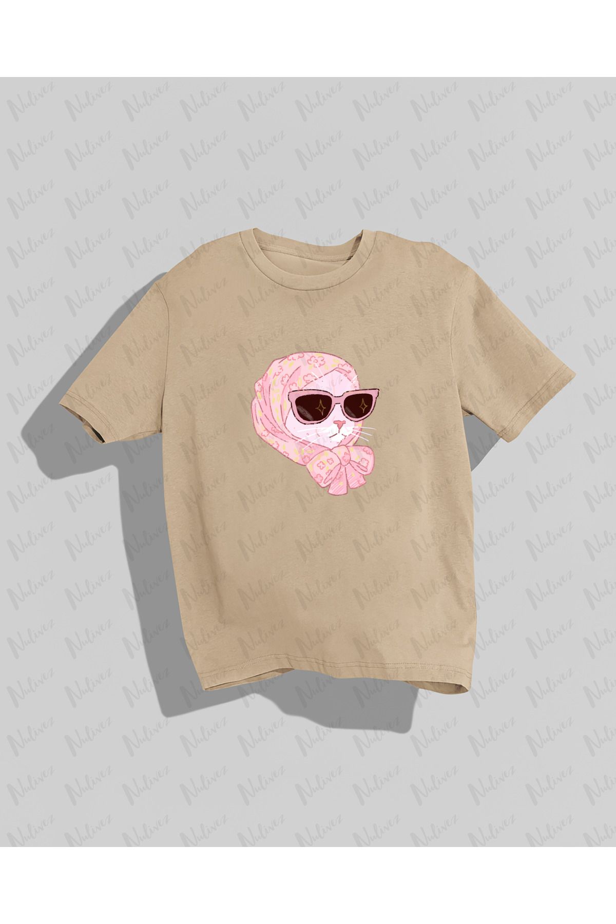 Nulivez Pinterest Tarzı Kedi Baskılı Yüksek Kalite Kompakt Unisex Oversize T-Shirt